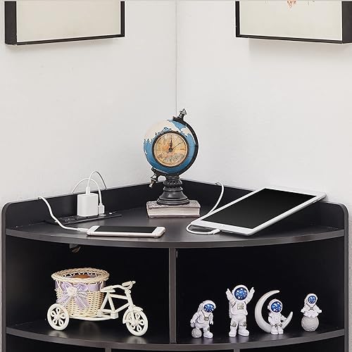 Miniatura 8 de VECELO Armario de almacenamiento esquinero con estación de carga, organizadores de estantes de cubo de 3 niveles con puertos USB y tomas,