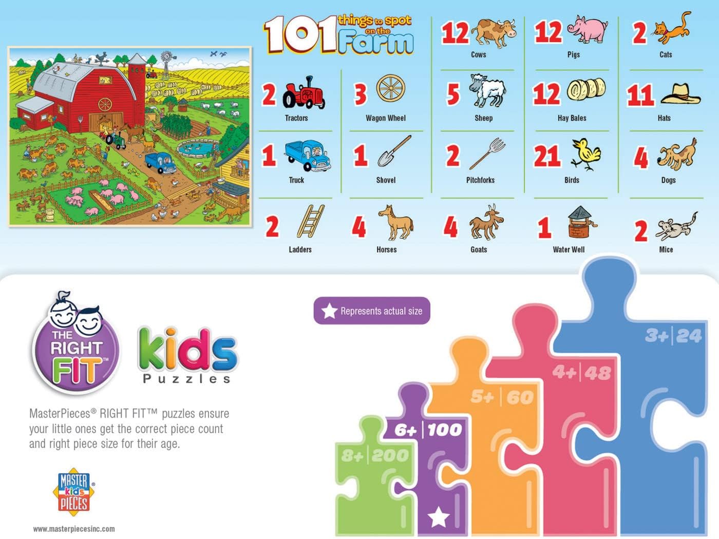 Masterpieces 100 Piece Family Jigsaw Puzzle for Kids - 101 Things to Spot on a Farm - 14"x19"