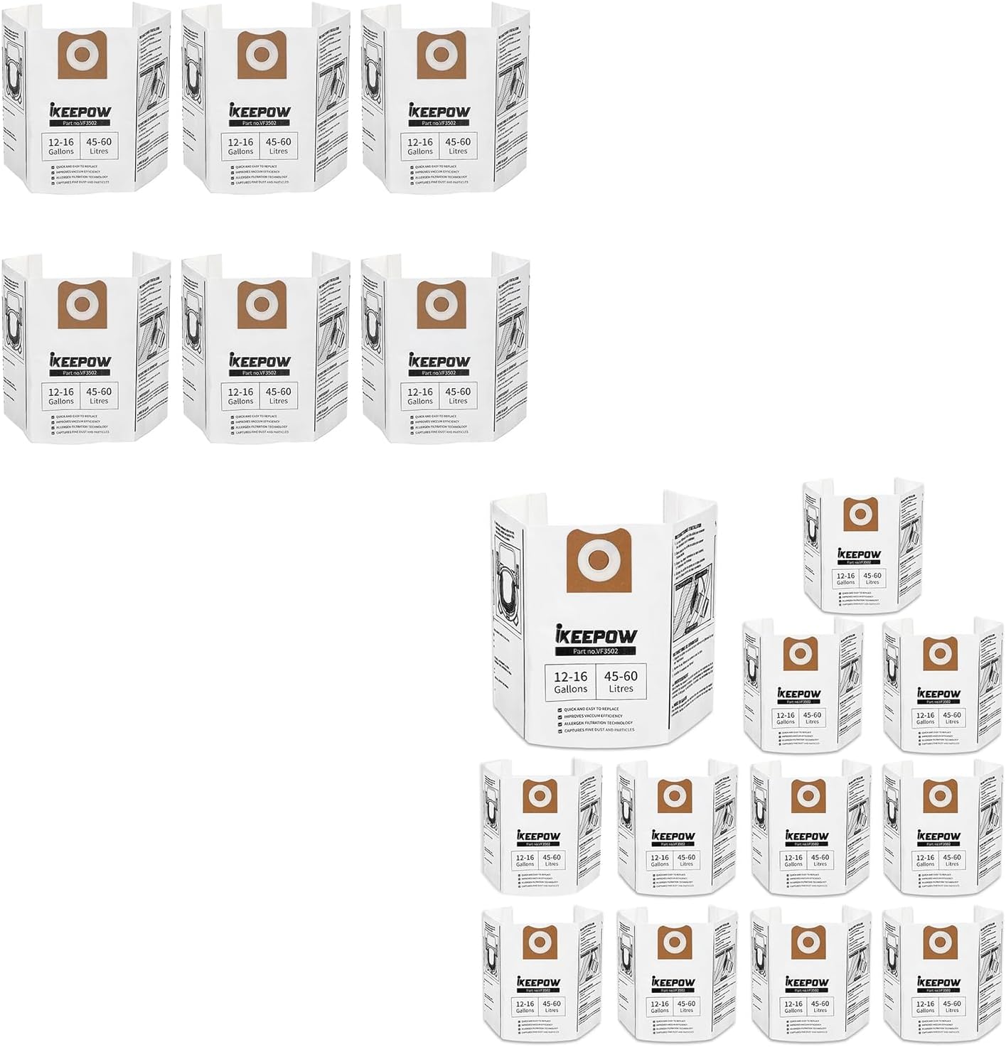 18 Pack VF3502 Shop Vac Bags, Compatible with Ridgid & Craftsman Vacuum 12-16 Gallon, Replacement Fiter Bags, 23743 VF3502 High Efficiency Dust Bags