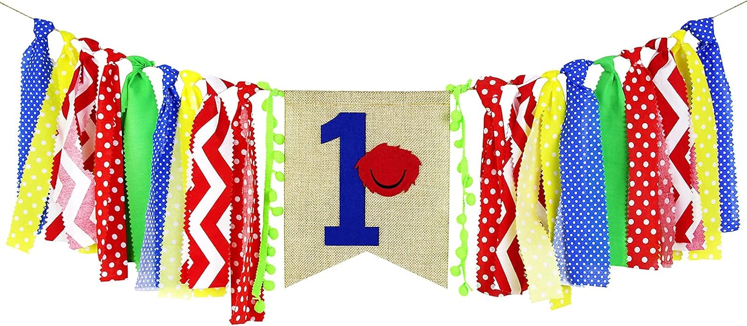 Ecore Fun First Birthday Party Decoration Supply Burlap High Chair Banner Bunting for Baby Boy - Colorful Theme