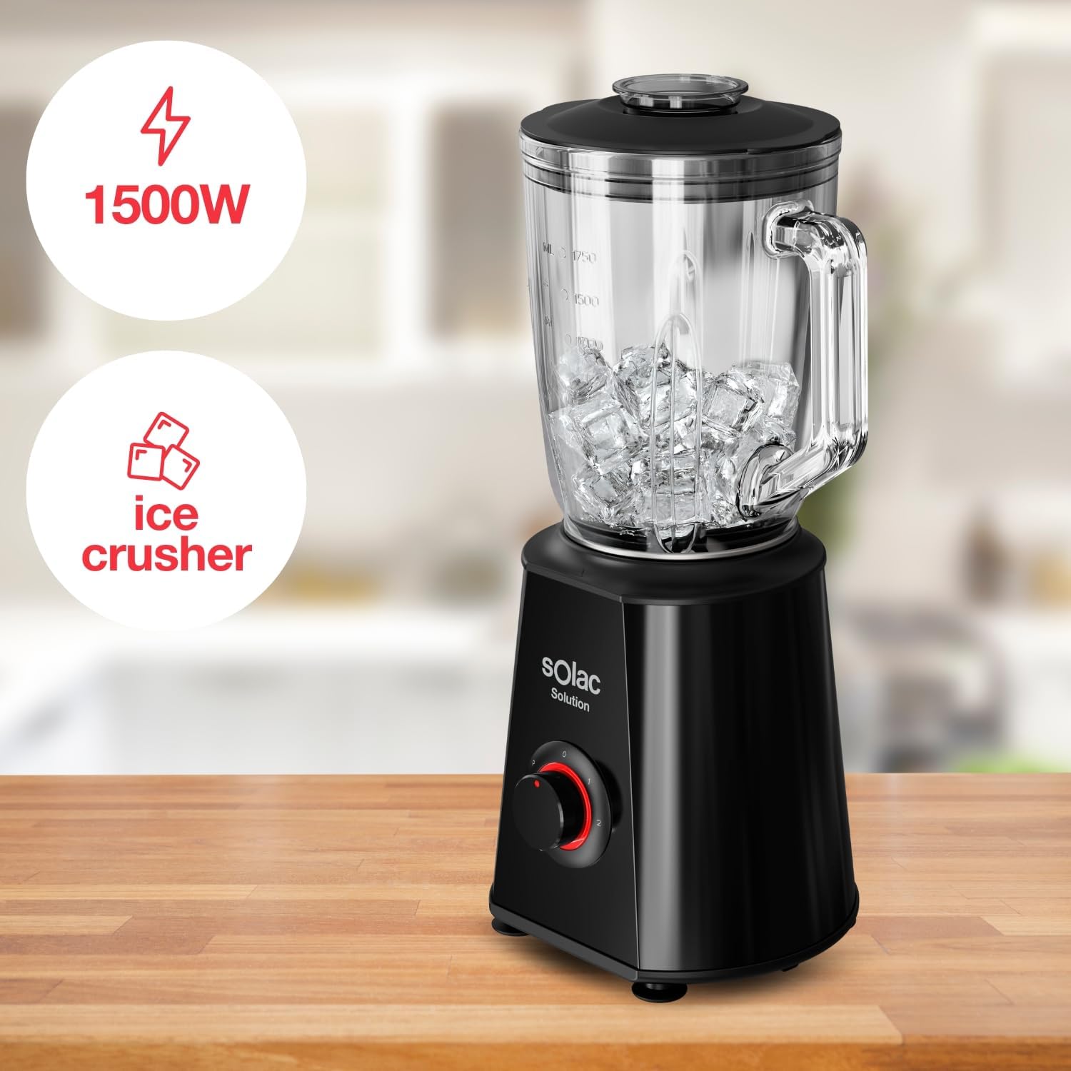 Solac Solution BV6785 Blender with icons indicating 1500W power and ice crushing capability, filled with ice cubes