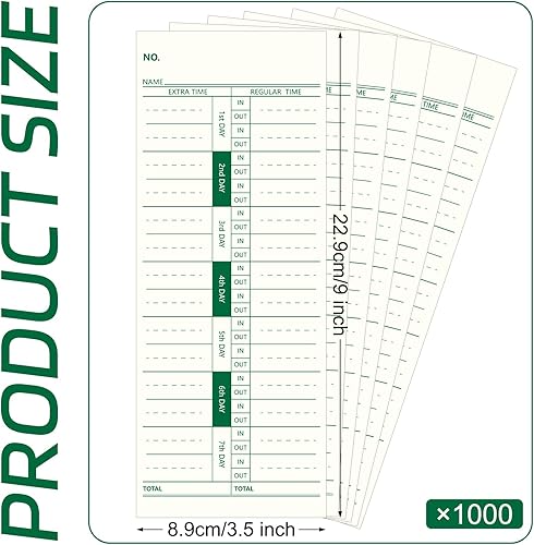 Miniatura 2 de Chuangdi 1000 tarjetas de tiempo, 1 tarjeta de reloj lateral de 3.5 x 9 pulgadas, hojas de tiempo de impresión verde para empleados semanalmente