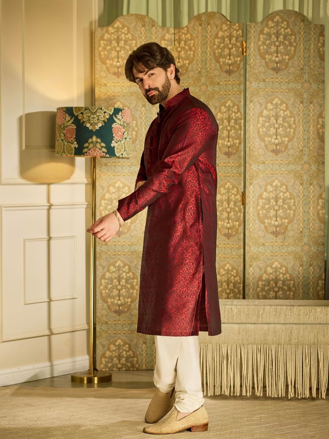 Sojanya (Since 1958 Men's Red Jacquard Silk Kurta & Churidaar Pyjama
