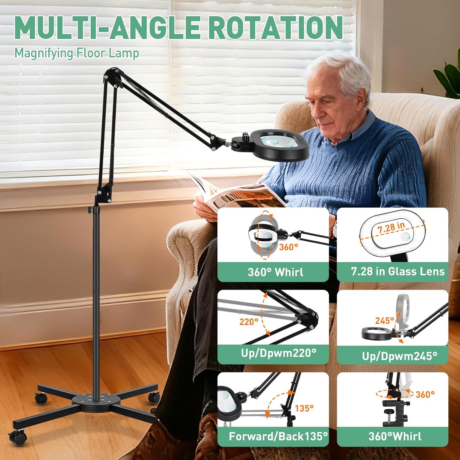 2 in 1 Floor Magnifying Glass with Light and Stand, Three-axis Rotation Infinite Color Dimmable 12X&30X Large Lighted Magnifier Workbench lamp for Close Work, Craft, 4 Wheel Stable Base-Black