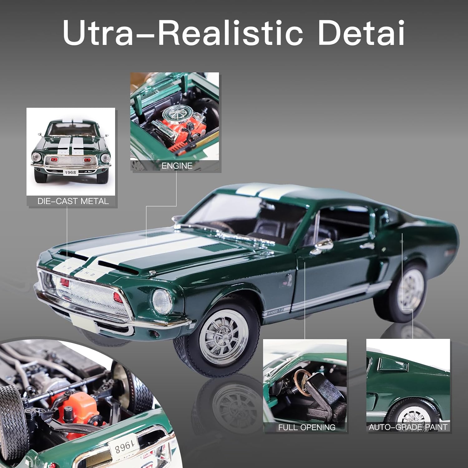 Shelby 1968 GT-500KR 1:18 Diecast Model Car - King of The Road, Opening Doors, Steering Linkage | Premium Gift Box, Man Cave Decor | Ages 14+,Green - Image 4