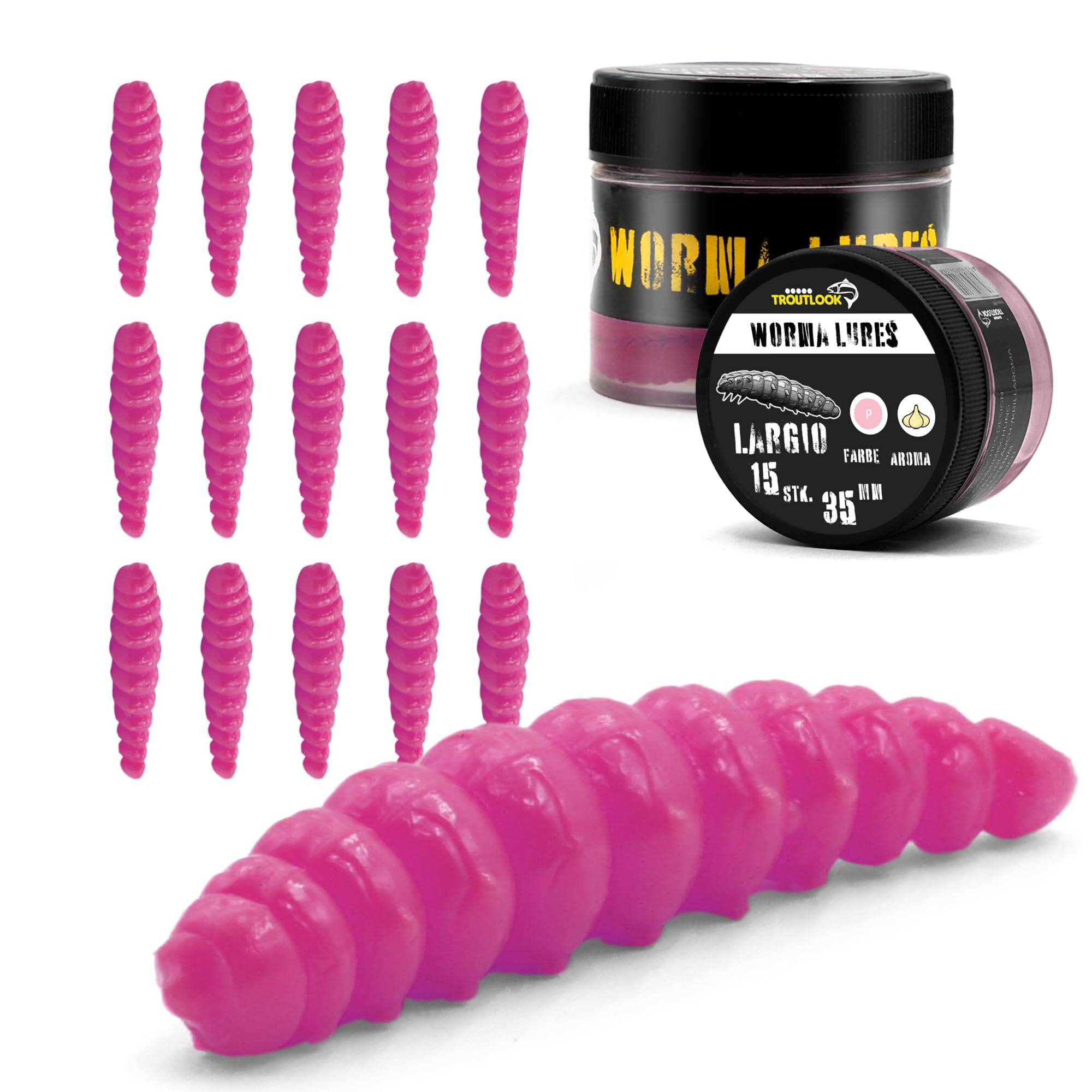 Troutlook Worma Lures - Largio Forellengummi, 15 Stück, Ideal für Forellen (Pink Spezial - Garlic/Knoblauch, 3,5cm - 15 Stück)