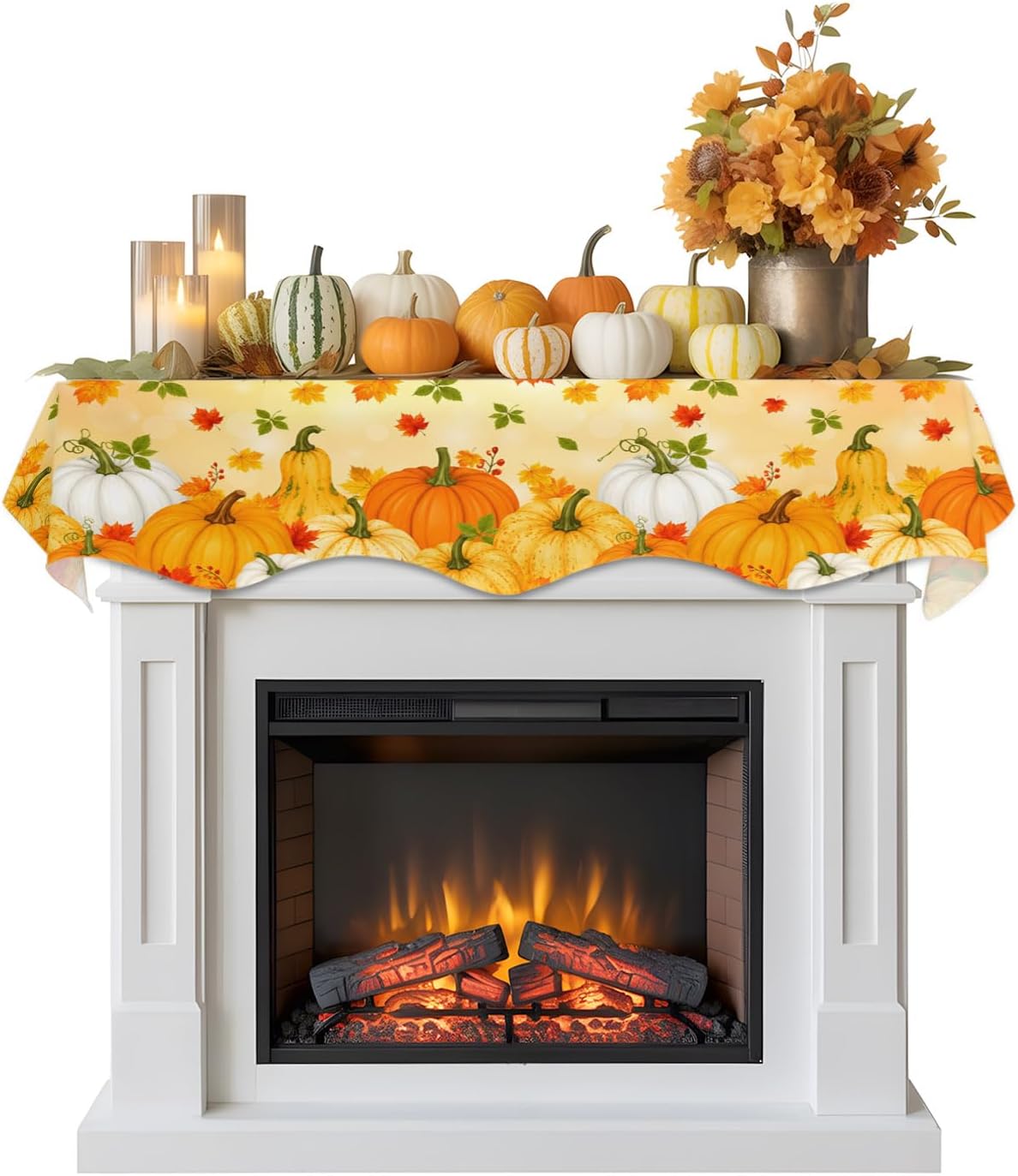Orange Fall Fireplace Mantel Scarf, Thanksgiving Pumpkins Mantel Decorations for Fireplace, Autumn Maple Leaves Botanical Mantel Scarf Covers Party Supplies for Living Room, 90x17 Inch