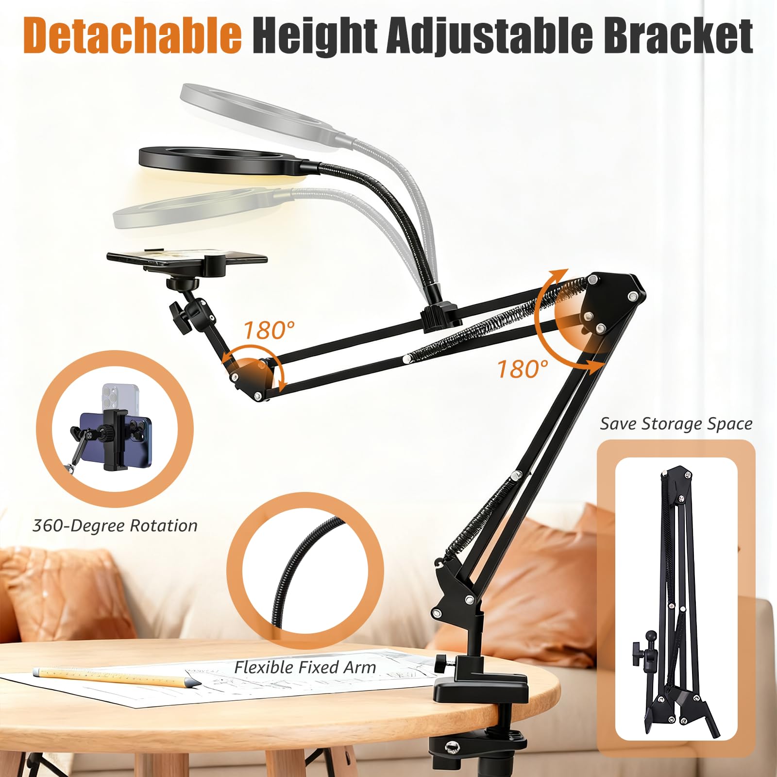 Treppiede per telefono cellulare con LED Ring Light (26 cm), alimentato tramite USB, 3 modalità di colore, Ring Light anello luce girevole a 360° per fotocamera, trucco, trasmissione in diretta