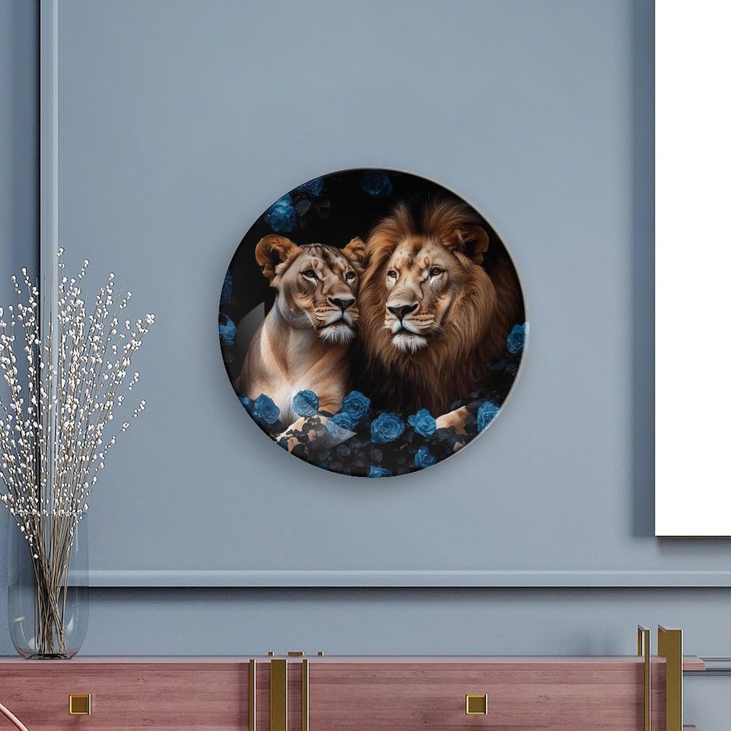 Lion Blue Rose Bone China Decorative Plate with Stand Home Dessert Plates Gift for Men Women 7inch