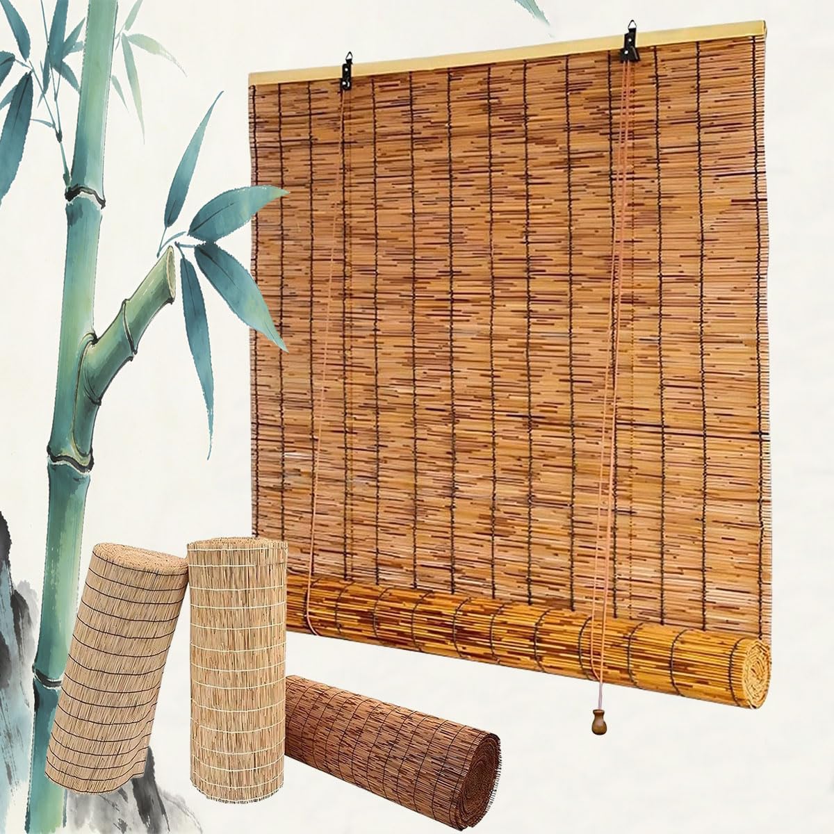 Outdoor Roller Reed Blinds Porch Bamboo Shades 55 65 80 90 100 120 140 150 160 170 180 200cm Customisable Light Filtering Sun Protection Window Curtains for Kitchen Patio Garden Indoor Outdoor