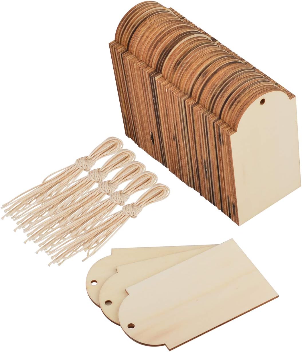 Bluecell 50pcs Unfinished Wood Tags Craft Labels for Home DIY Craft Supplies Gift Wedding Decorations, 3.7 x 2.1 Inch (Wood)