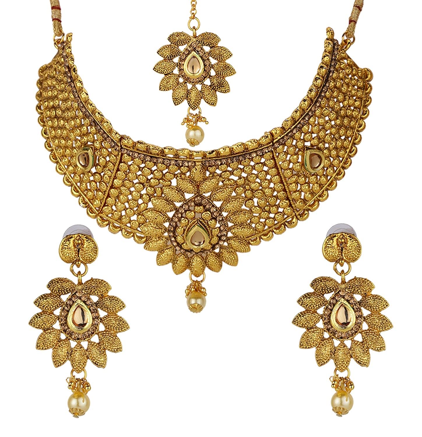 EfulgenzIndian Bollywood Traditional 14 K Gold Plated Kundan Pearl Wedding Choker Necklace Earrings Maangtikka Jewelry set