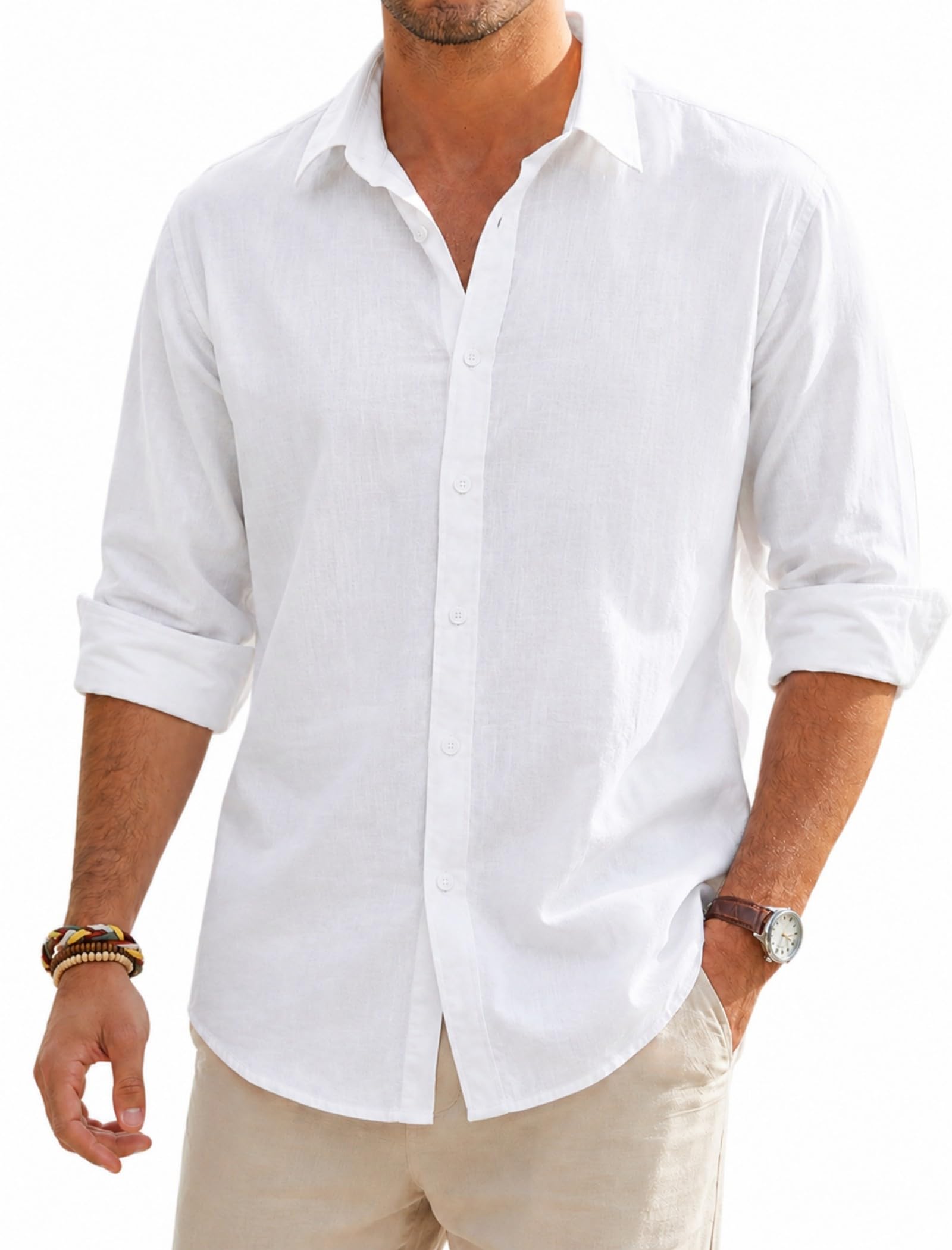 Camisa para Hombre Manga Larga, Camisa Informal de Lino-Algodón, Corte Estándar, Parte Superior Casual de Negocios, Ideal para Vacaciones Playa Verano