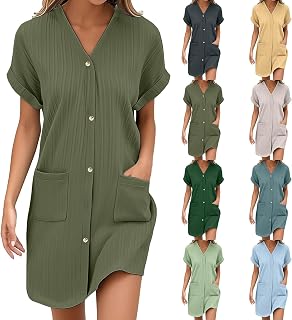Blusa de muselina para mujer, de verano, manga corta, vestido de playa, cuello en V, informal, vestido de verano, vestido de blusa, monocolor, elegante, largo hasta la rodilla, vestido informal con