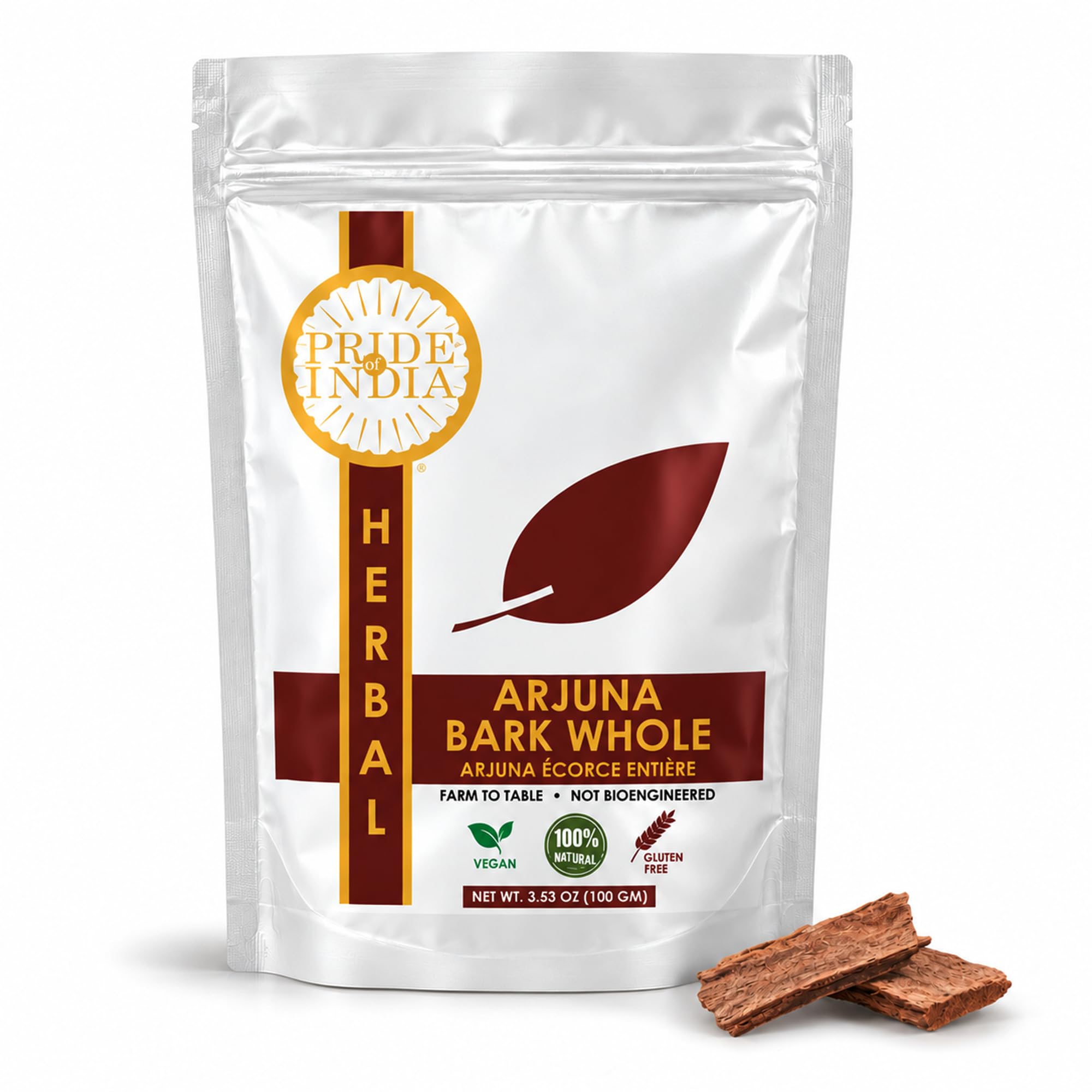 Pride Of India Arjuna Bark Whole 3.53 oz | Arjun Chaal Herbal Ingredient | Natural Terminalia Arjuna Bark for Herbal Tea, Decoctions & Botanical Blends | Vegan, Gluten-Free, Caffeine-Free