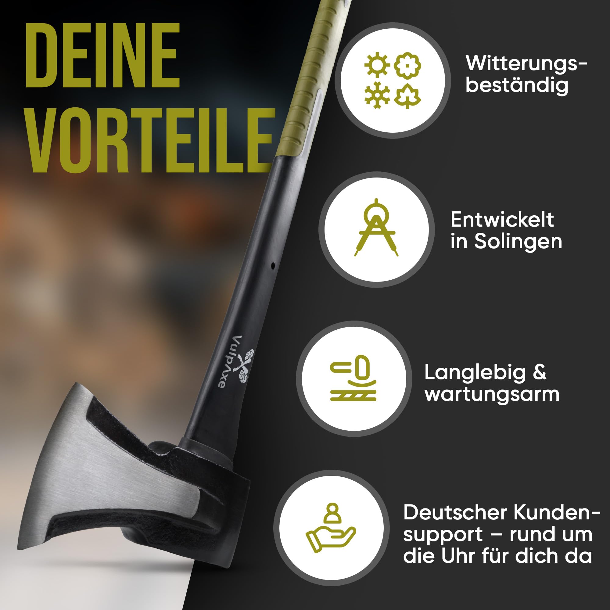 VULPAXE Spaltaxt 2kg 68cm – Profi Axt & Beil mit Carbonstahl-Klinge – Spalthammer für Holz Spalten – Glasfaserverstärkter gummierter Griff