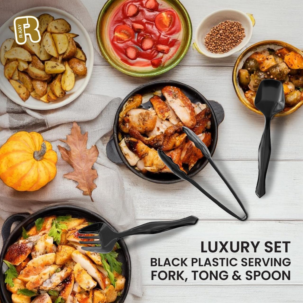 18 Pcs Black Plastic Serving Utensils Set - 6 Black Plastic Serving Spoons, 6 Black Tongs And 6 Forks - Heavy Duty Black Disposable Serving Utensils Set For Parties