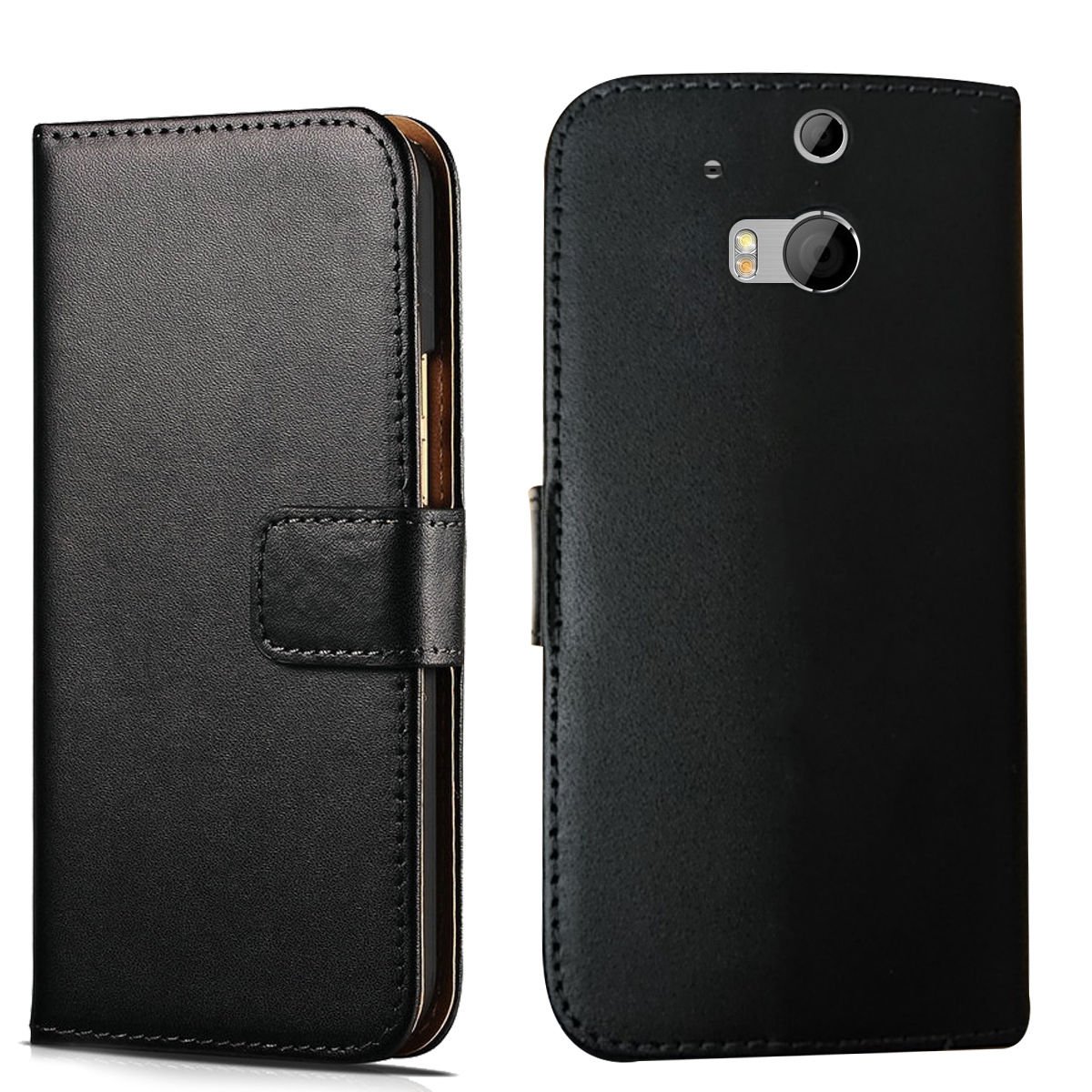 ameego Premium Genuine real Leather Wallet Flip protective Case with Tan Interior, kickstand, Card slots and Magnetic closure Slim design Notebook flip cover for HTC one M8 (5.0”) (BLACK)