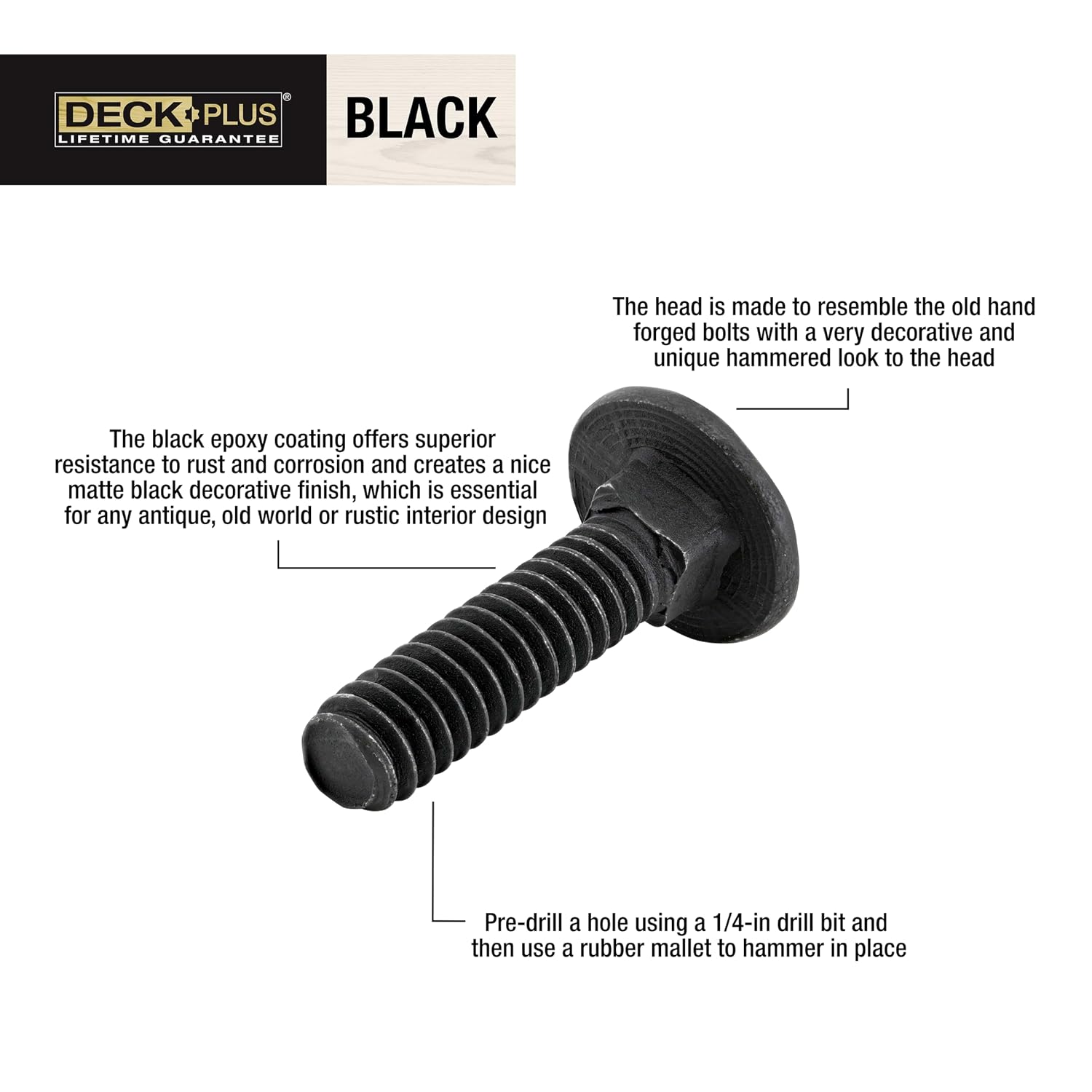 Deck Plus Carriage Bolts, 1/4in x 1-1/2in, 4 Pieces, Black