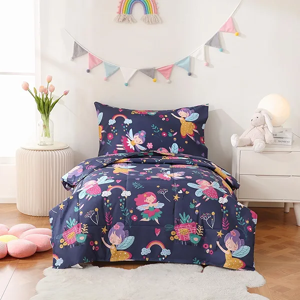 JSD Fairy Toddler Bedding Set, 4 Piece Bed-in-Bag Toddler Comforter and Sheet Set, Machine Washabale Comfortable