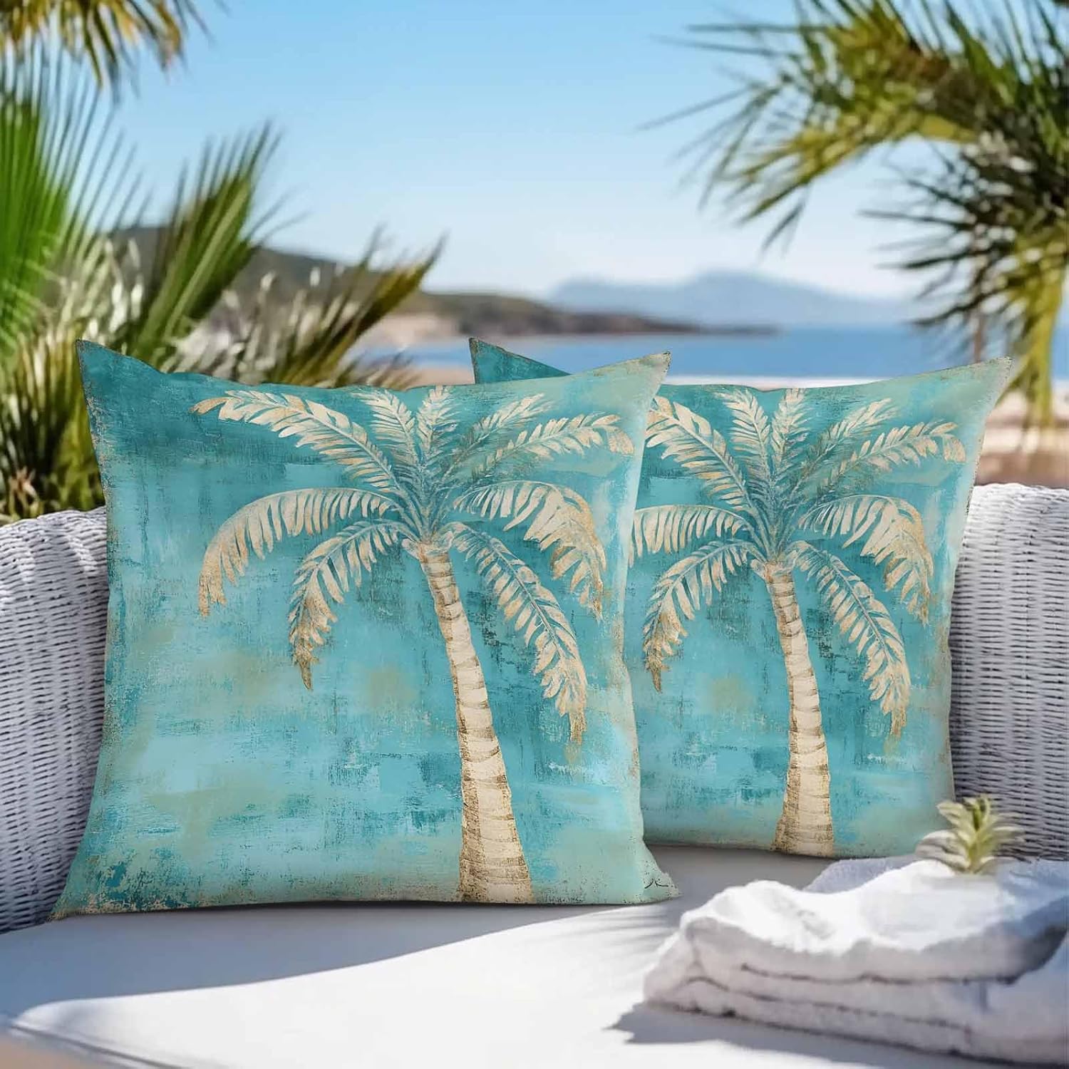 Coastal Beach Tree Green Outdoor Waterproof Pillow Covers, Vintage Tropical Flower Plant Decorative Square Throw Pillowcase Sofa Cushion Sham for Patio/Couch/Chair, 16"x16" 2 Pack