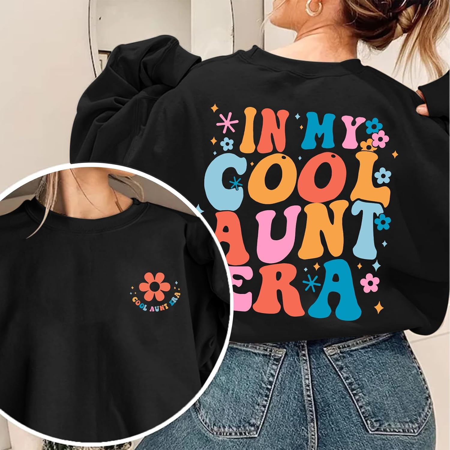 Cool Aunt Sweatshirts For Women Auntie Graphic Sweatshirt Flower In My Auntie Era Pullover Long Sleeve Aunt Shirt Top - Image 4