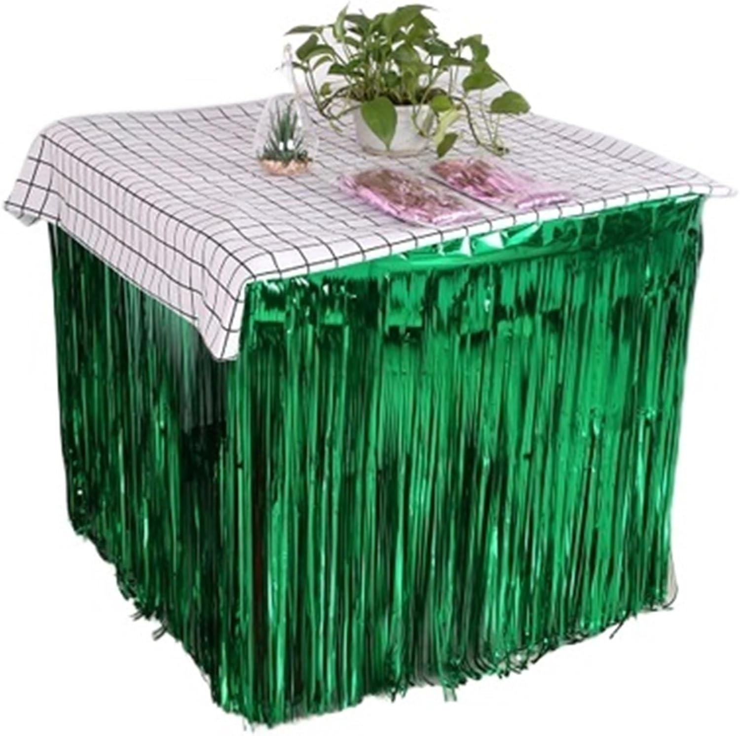 Party Table Skirts 275x75 Cm Party Decoration Table Skirt Foil Fringe Metallic Tinsel Table Skirt for Wedding Birthday Party Decoration(Green)