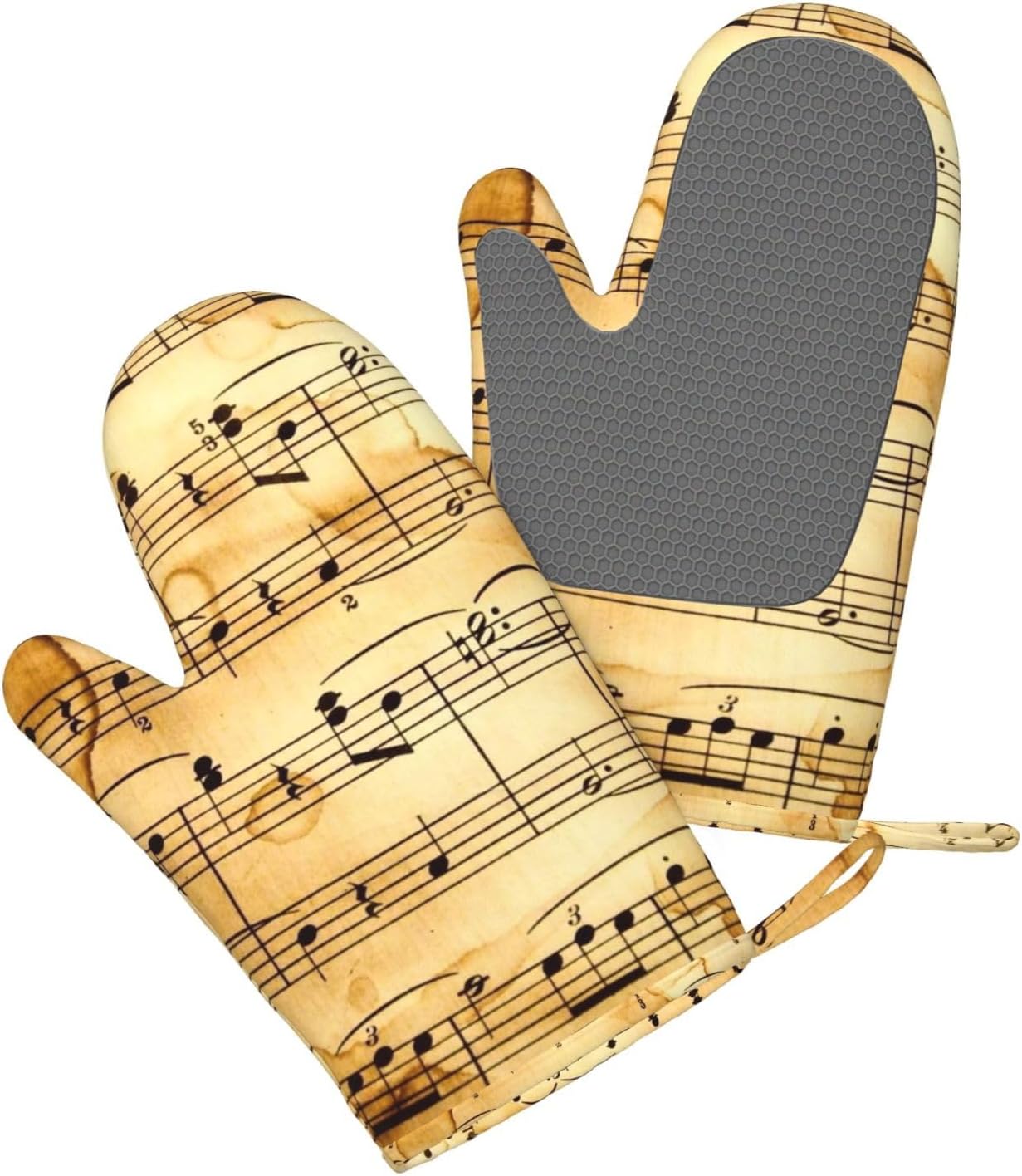 Music Note Print Oven Mitts and Pot Holders Set of 4 Heat Resistant Kitchen Gloves with Silicone Palm Hot Pads for Baking Cooking Grilling BBQ
