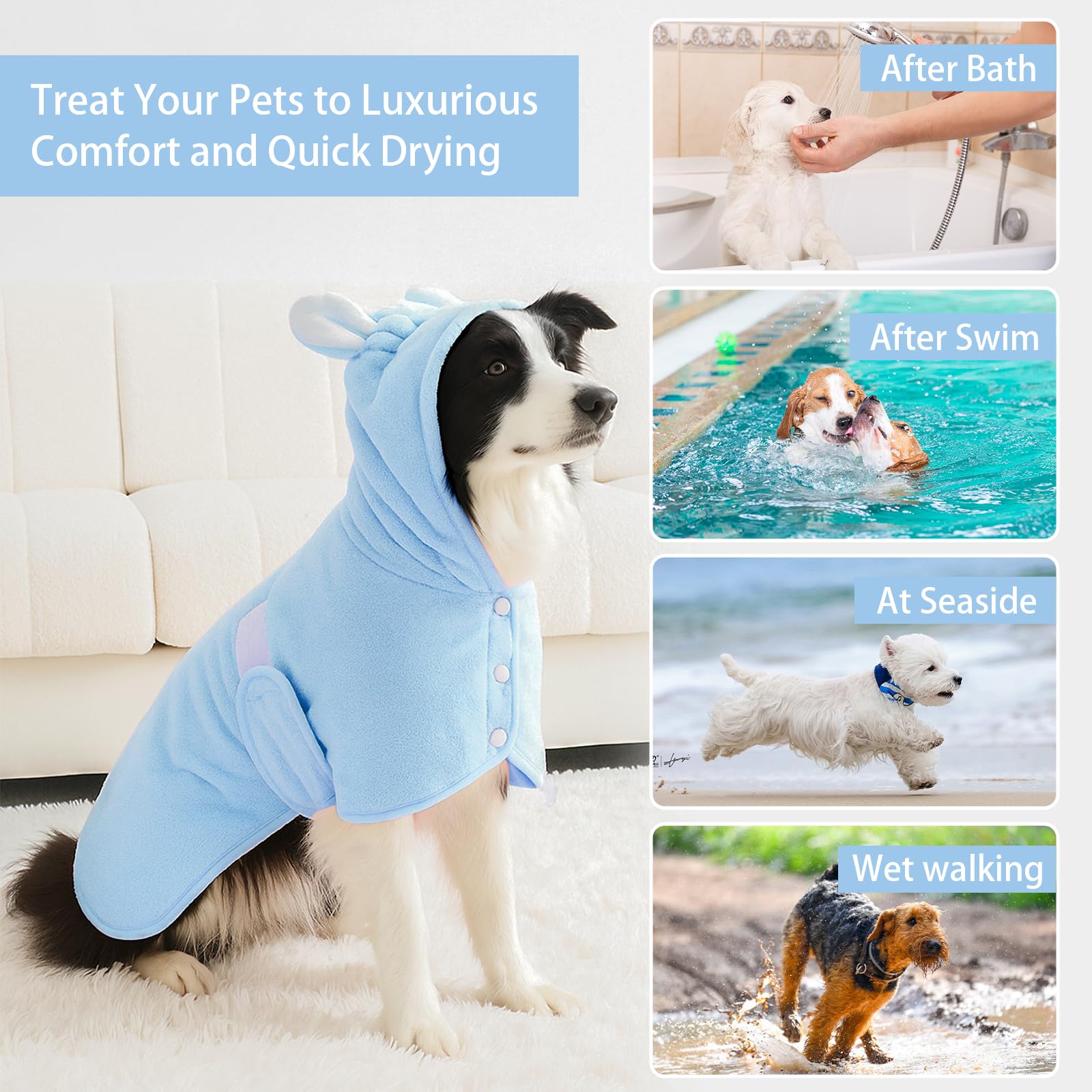 Fnaobai Pet Bathrobe Towel Dog Cat Drying Coat Super Absorbent Cute Dogs Bath Towel Hooded Robe Adjustable Collar & Belly Strap for XSmall to XLarge Pets (Blue - Image 3