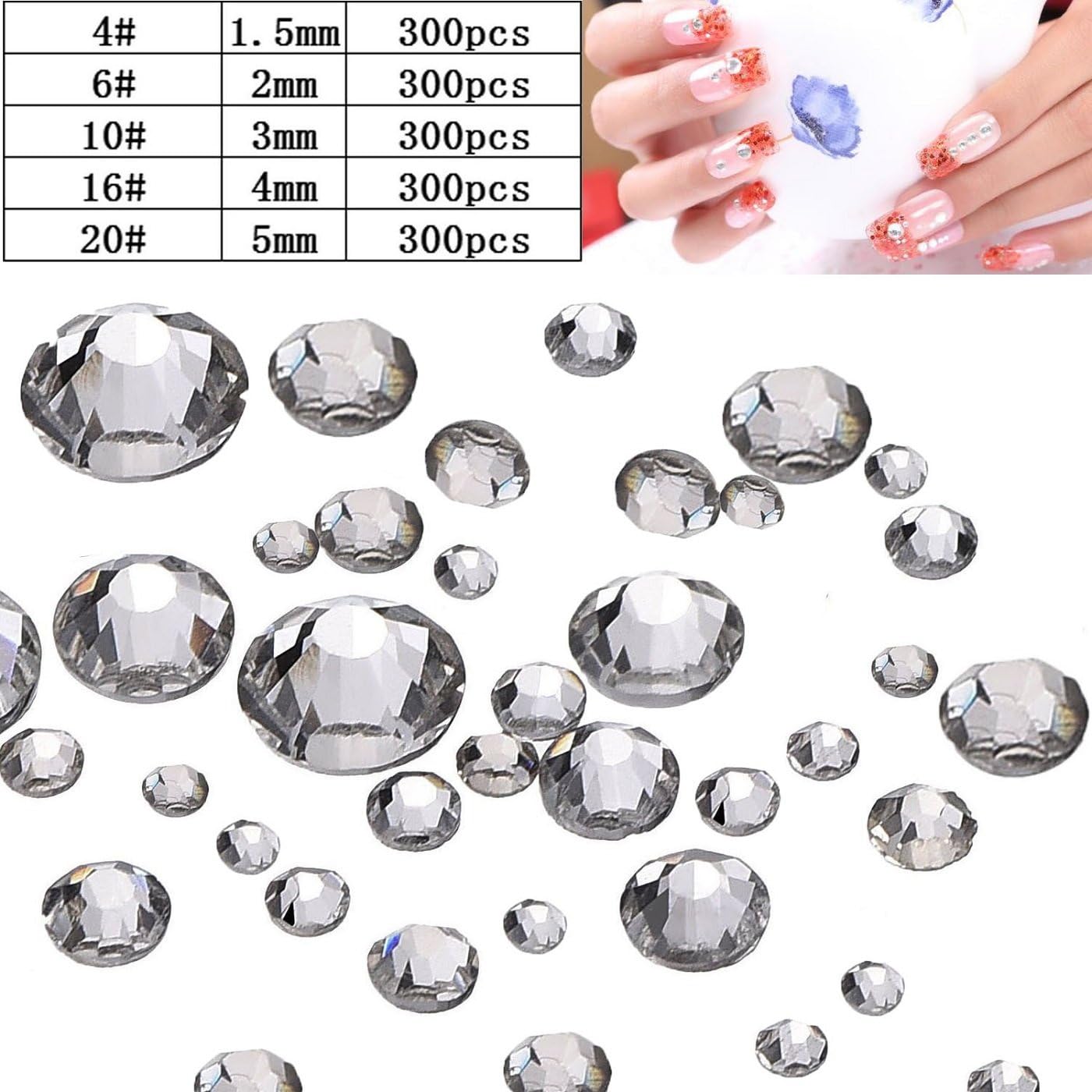 tesan DIY Iron-on Rhinestones Round Diamante Stones Crystal Clear Flat Back Rhinestones Gems, Pack of 1500, 5 Sizes