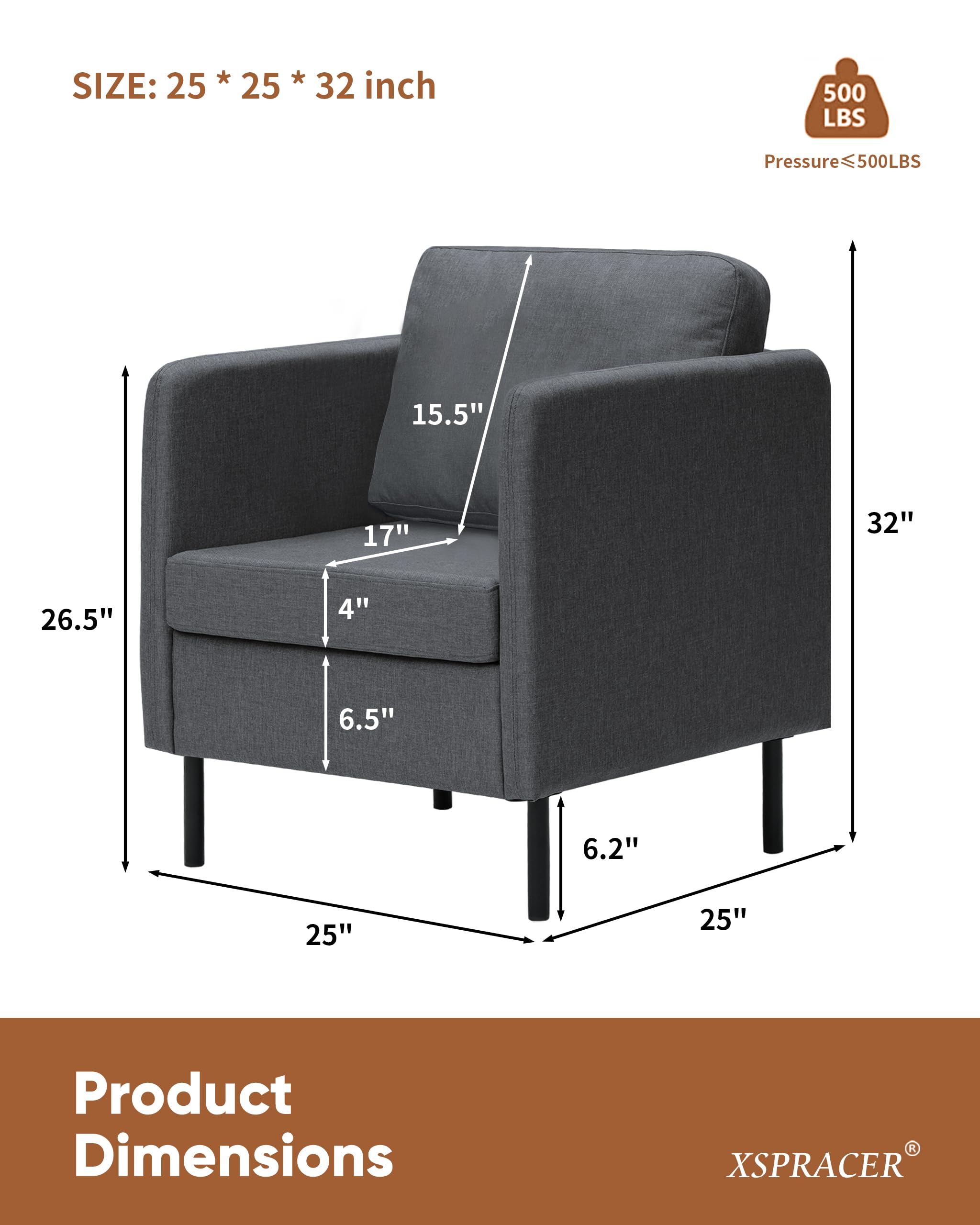 XSPRACER Accent Chairs, Comfy Sofa Chair, Armchair for Reading, Living Room, Bedroom, Waiting Room, Linen, Gray