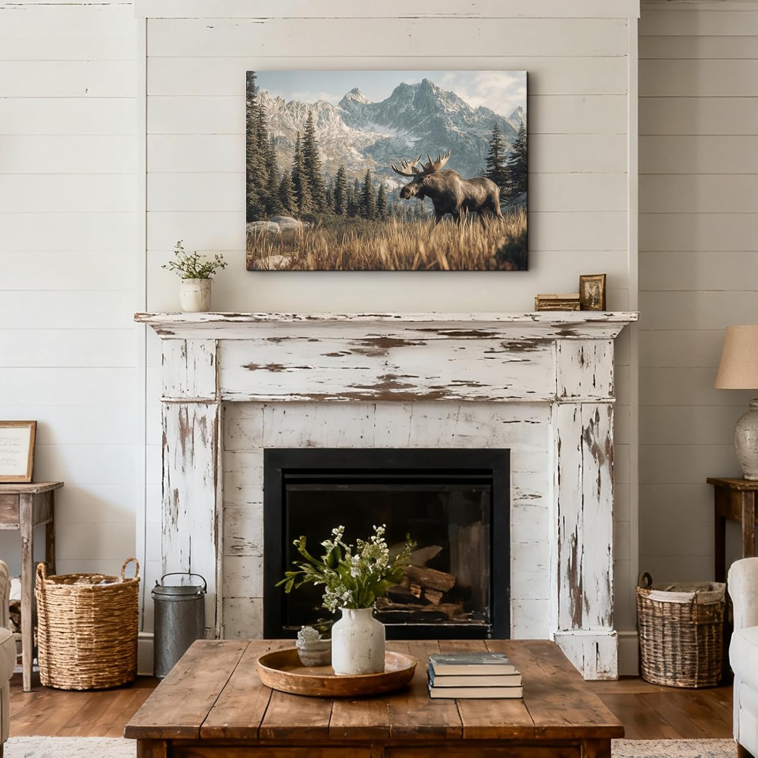 Craftline Moose Deer in Autumn Mountain Landscape Canvas Wall Art Rustic Nature Meadow and Fall Forest Painting Prints Animal Wildlife Deer Elk Poster Modern Hunting Decor for Cabin Living Room 24x18”