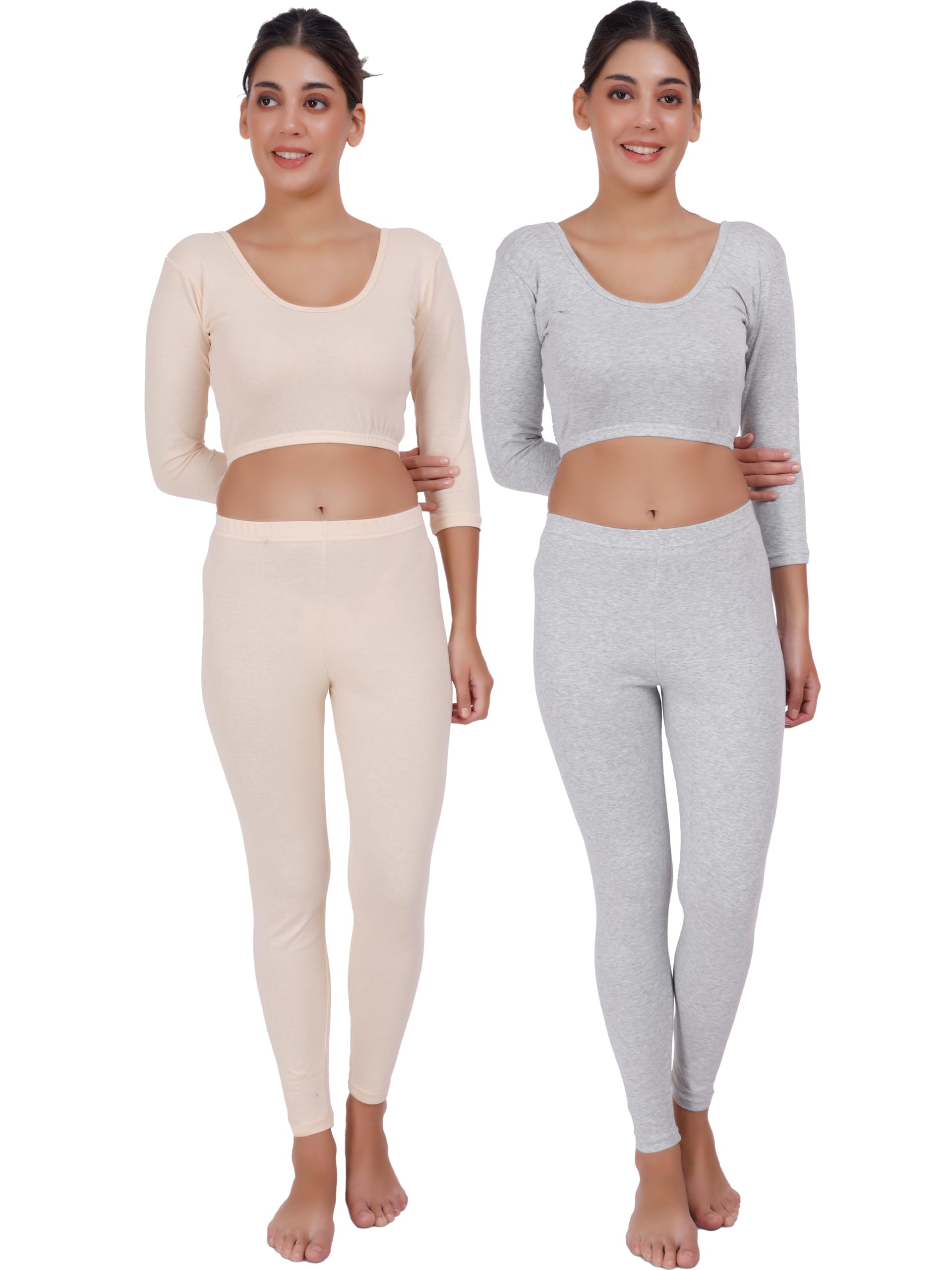 selfcare Pack of 2 Womens Cotton Lycra Solid 3/4 Sleeve Thermal Crop Top and Pyjama Sets-picture-19