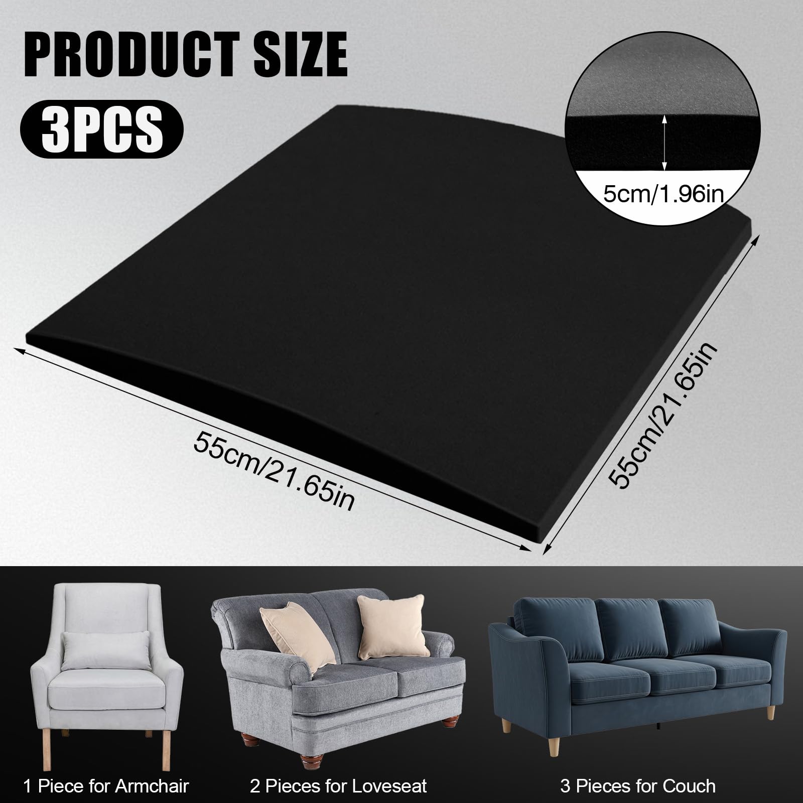 Scettar Confezione da 3 cuscini per divano per sedile cedente, 55 x 55 cm, pannelli di supporto per divano, in schiuma ad alta densità, colore nero, per riparare sotto il cuscino