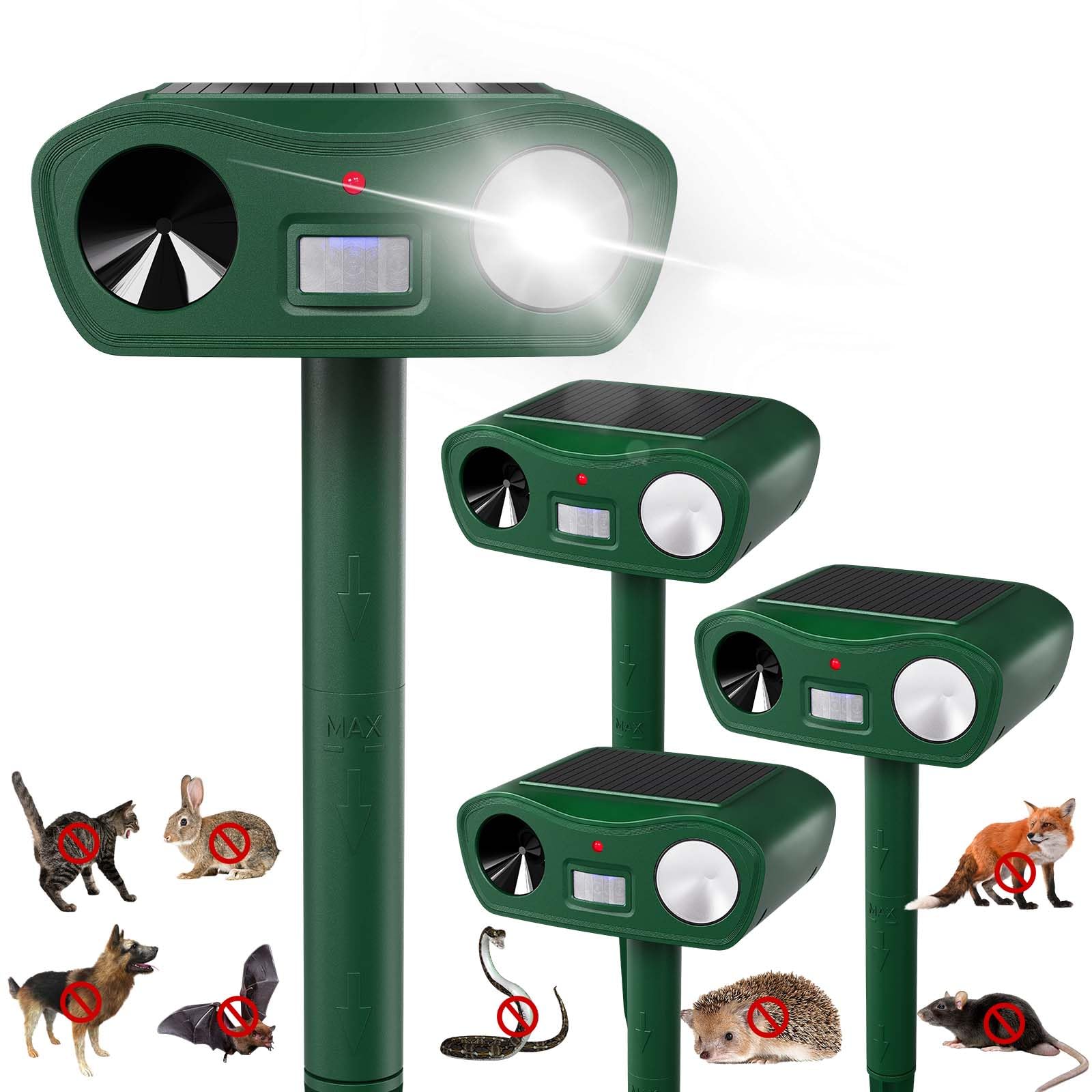 Solar Ultrasonic Animal Repellent Outdoor, Waterproof Cat Repellent for Gardens UK with Motion Sensor & Flash Light, USB Charging, Keep Cat Dog Fox Squirrel Rabbit Away for Garden Yard Farm (4 Pack)