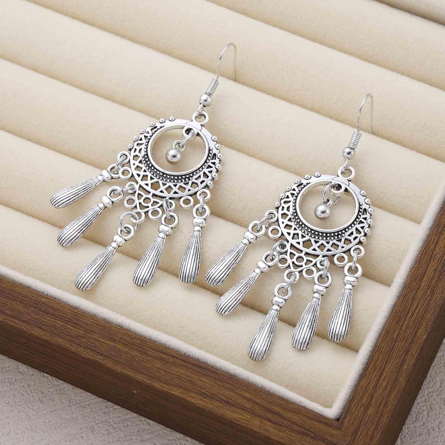 Bohemian Filigree Tassel Drop Earrings Silver Filigree Chandelier Earrings Tribal Teardrop Fringe Earring Gypsy Circle Dangle Earring Jewelry for Women - Image 3