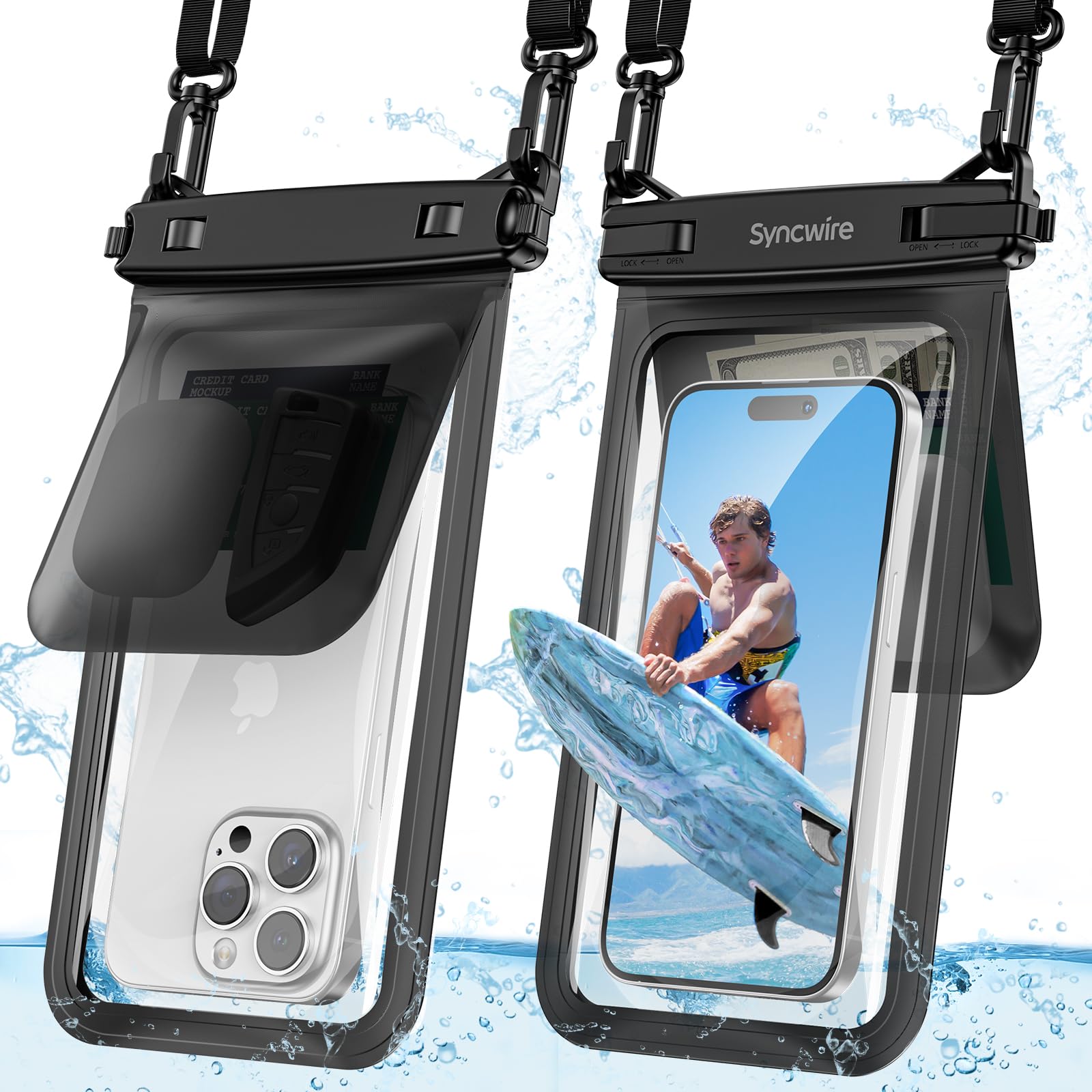 SYNCWIRE Wodoodporne etui na telefon, 2-pak IPX8 podwójne kosmiczne wodoodporne etui na telefon iPhone 15 14 13 12 Pro Max XR X SE 2022 8 Samsung S24 S23 S22 Ultra S21 telefony poniżej 8,5 cala -