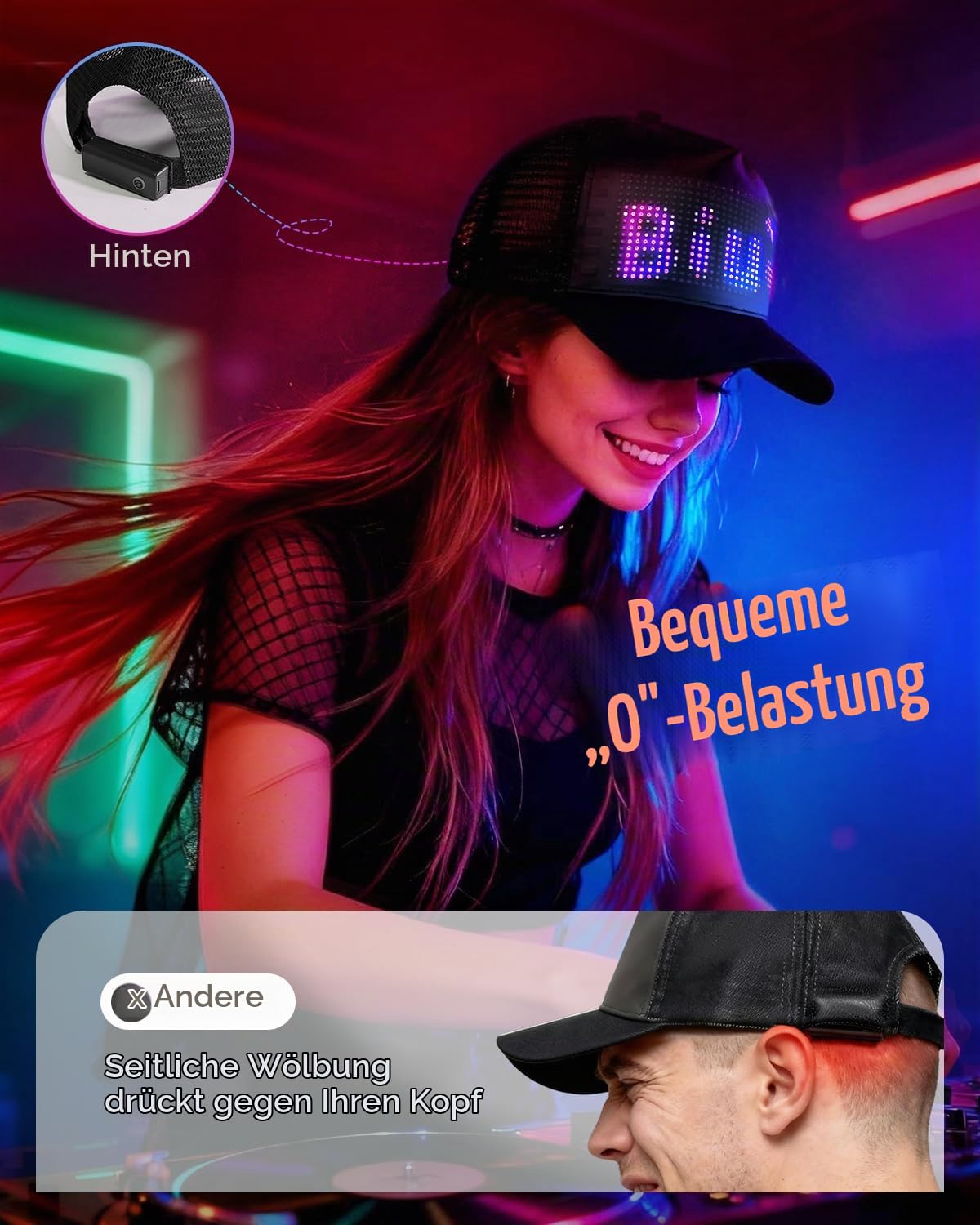 Bright LED Kappe Smarte Bluetooth App-Steuerung, Programmierbare LED Basecap für Custom Text, Muster, Animationen, Karneval & Partys (Tiefschwarz)