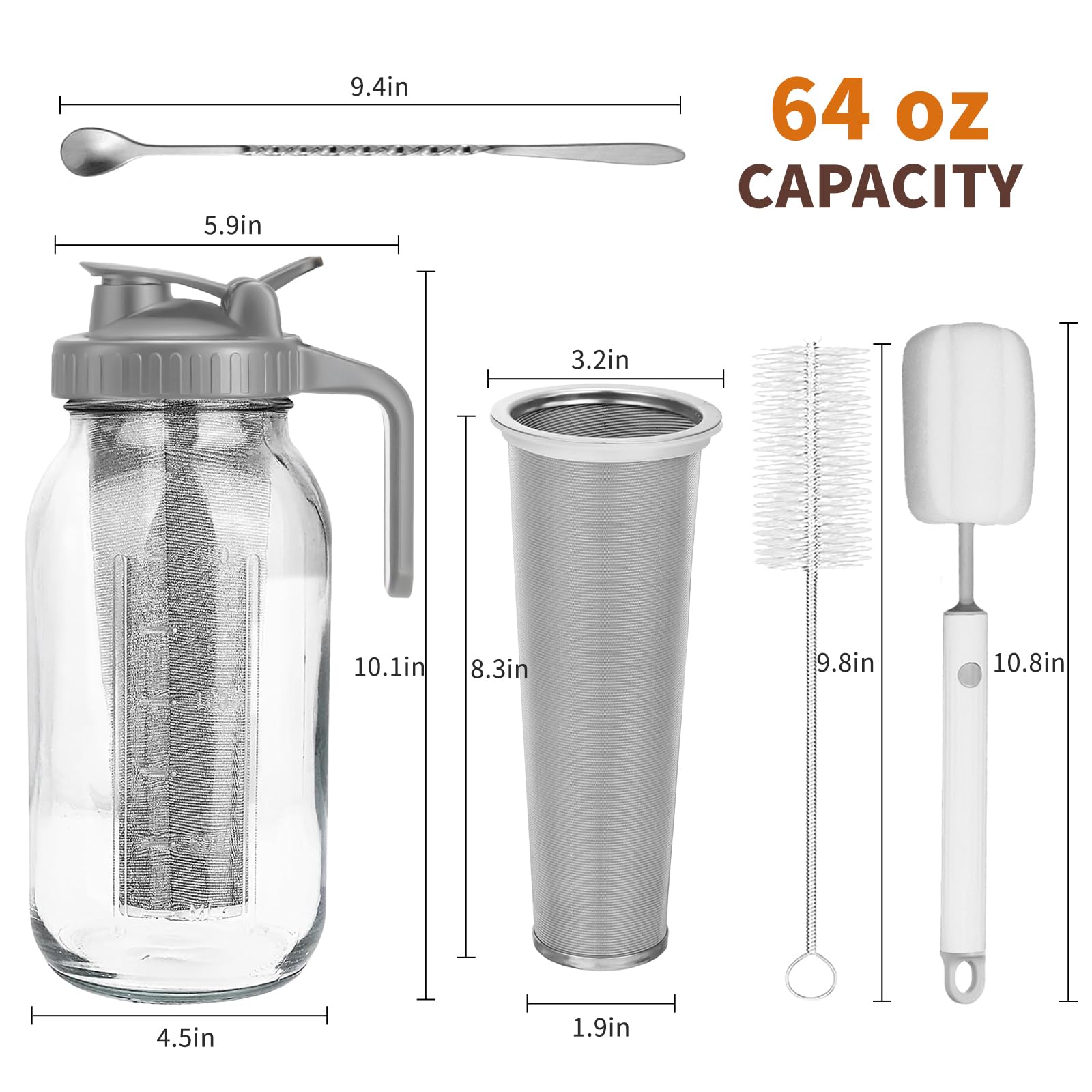 Cafetière à infusion froide 1,8 L, filtre, pichet en verre épais, couvercle étanche, brosse sans BPA, passe au lave-vaisselle (gris)