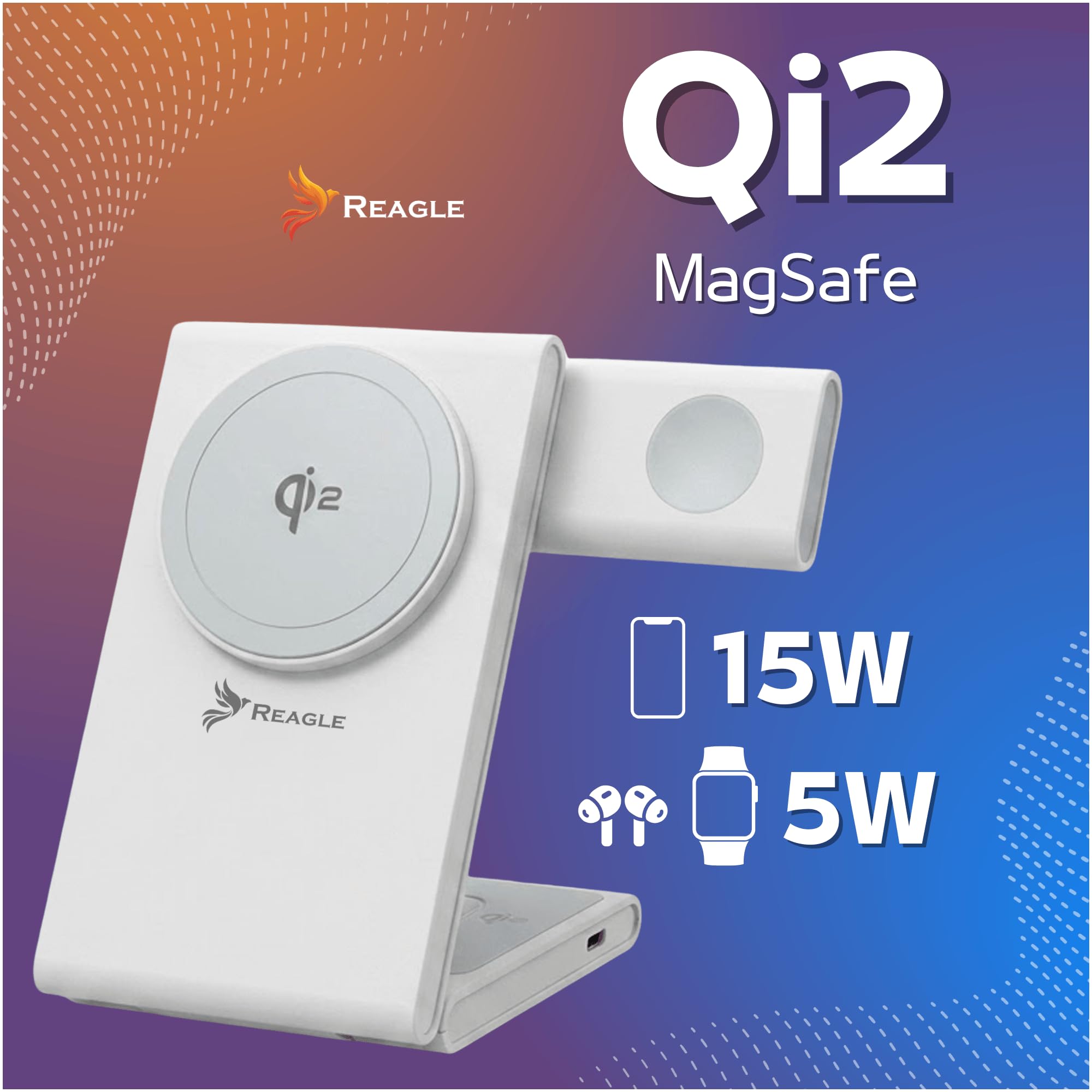 Reagle Ładowarka Bezprzewodowa Qi2 3w1 15W, Magnetyczna Składana Stacja Ładująca do iPhone 17/16/15/14/13/12, Apple Watch, AirPods, Samsung Galaxy i Pixel, Biała