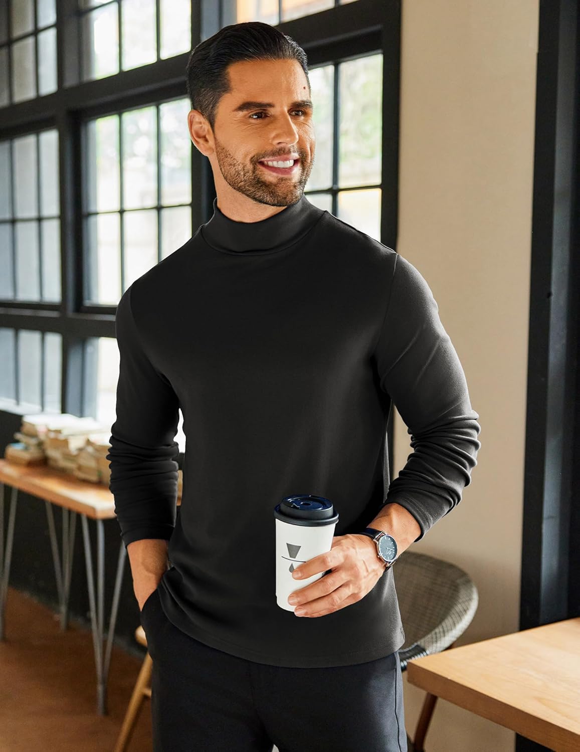 COOFANDY Mens Mock Neck Shirts Fleece Long Sleeve Tops Basic Pullover T-Shirts - Image 2