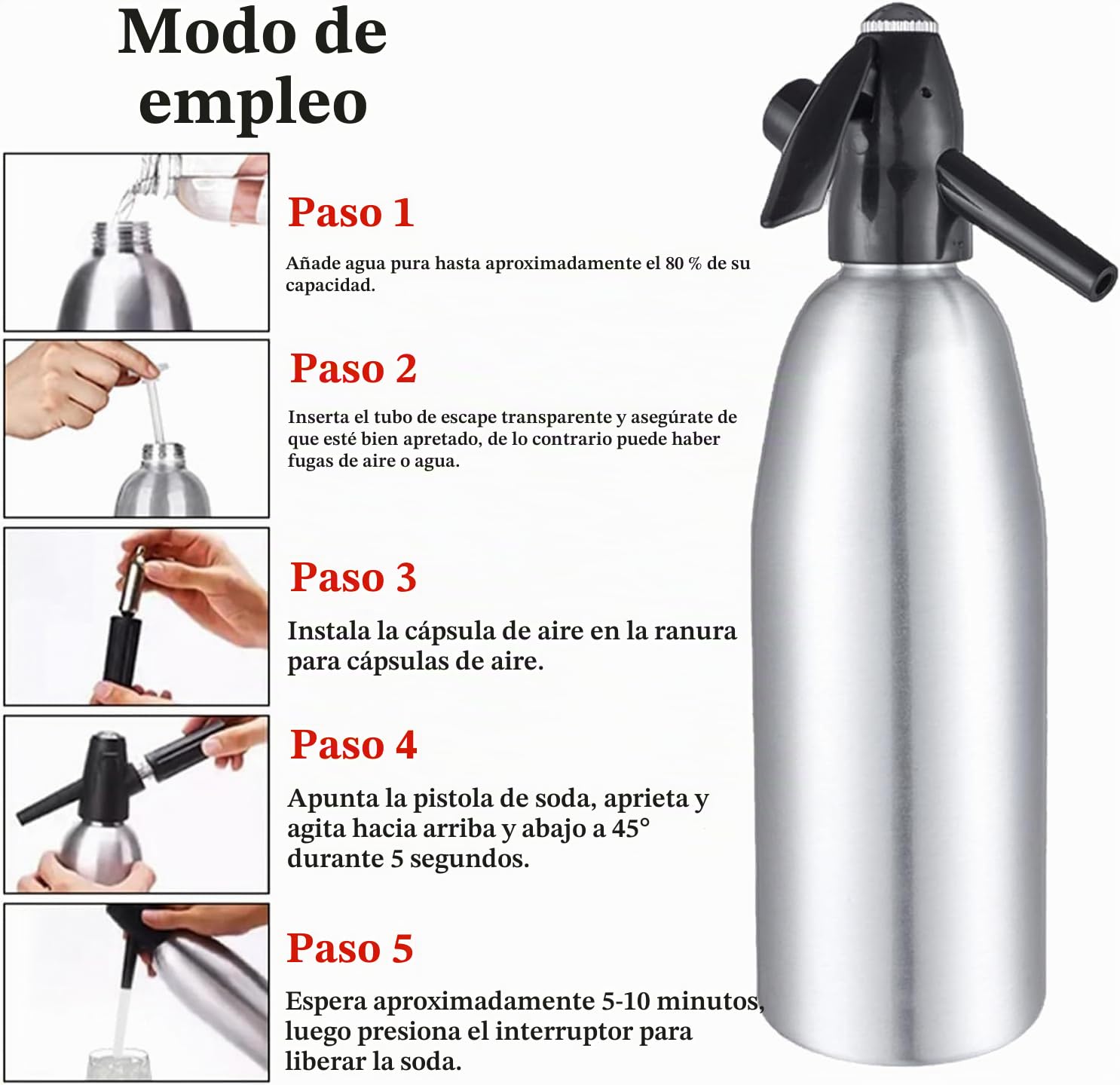 1L Botella de Sifón de Soda Profesional Aleación de Soda Soda Carbonatada Seltzer Creador de agua con regulador de presión para bebidas de jugo Cóctel(Silver)