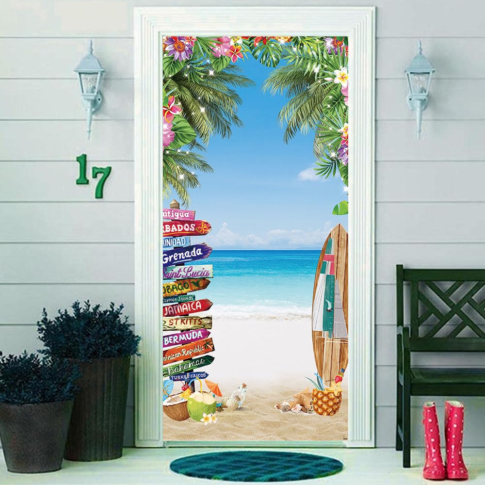 DOTOOMA 35.4 x 72.8 Inches Summer Tropical Beach Seaside Door Banner Supplies Hawaiian Floral Lead Sign Seaside Party Surf Baby Shower Kids Cake Table