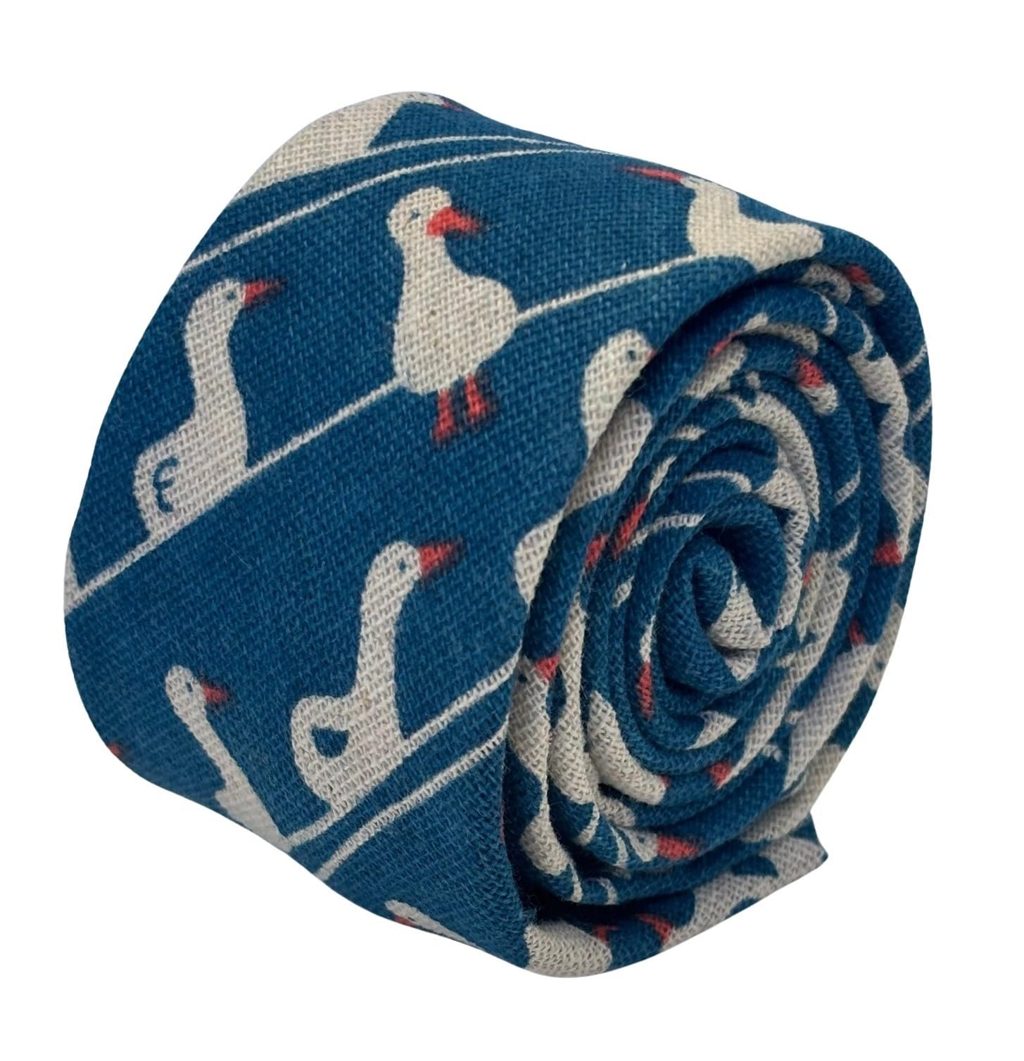 Frederick Thomas Men's Cobalt Blue Linen Necktie, White Goose Design, 6.5 Cm Width