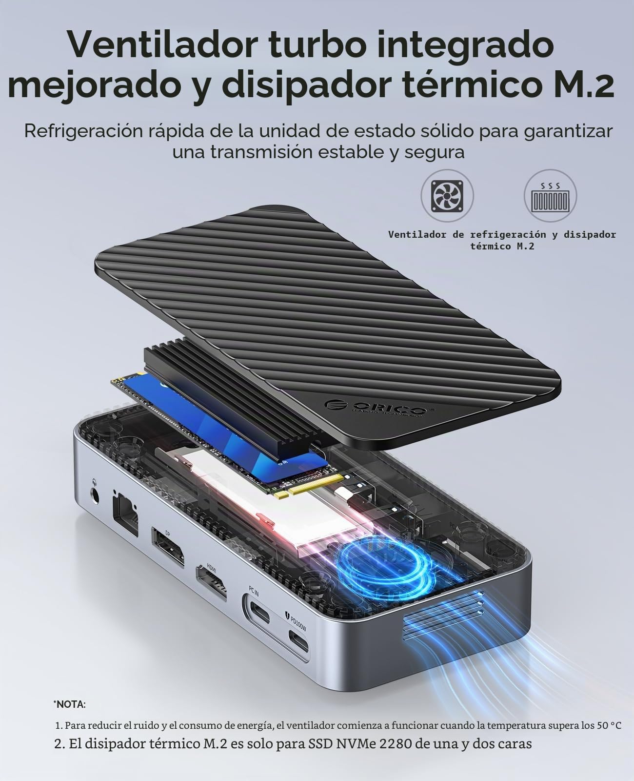 ORICO 11-en-1 USB C-Hub con carcasa SSD M.2, estación de acoplamiento con ventilador, HDMI, DP, Gigabit Ethernet, 100W PD, SD/TF, audio/micrófono, 10 Gbps y 2 x 5 Gbps
