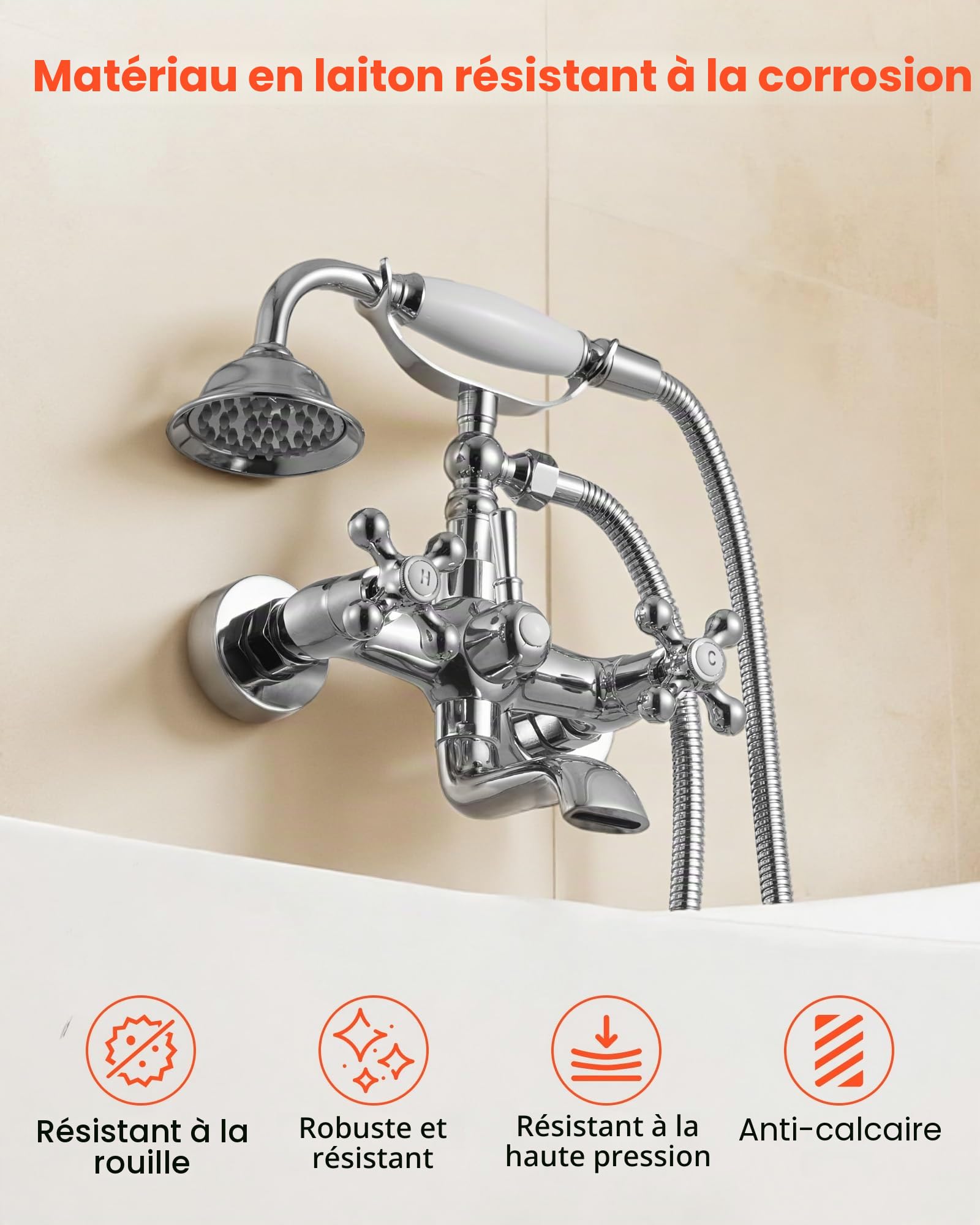 VEVOR Robinet de baignoire sur pattes avec douchette à main, ensemble de robinet de remplissage de baignoire en chrome poli vintage, montage mural, avec bras pivotants réglables et bec pivotant à 360°