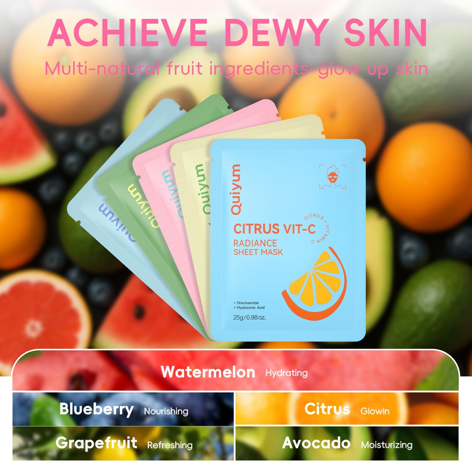 QUIYUM Coffret 15 masques visage aux fruits pour femmes et adolescents | pastèque, agrumes vitamine C, myrtille, avocat et yuzu, hydratants