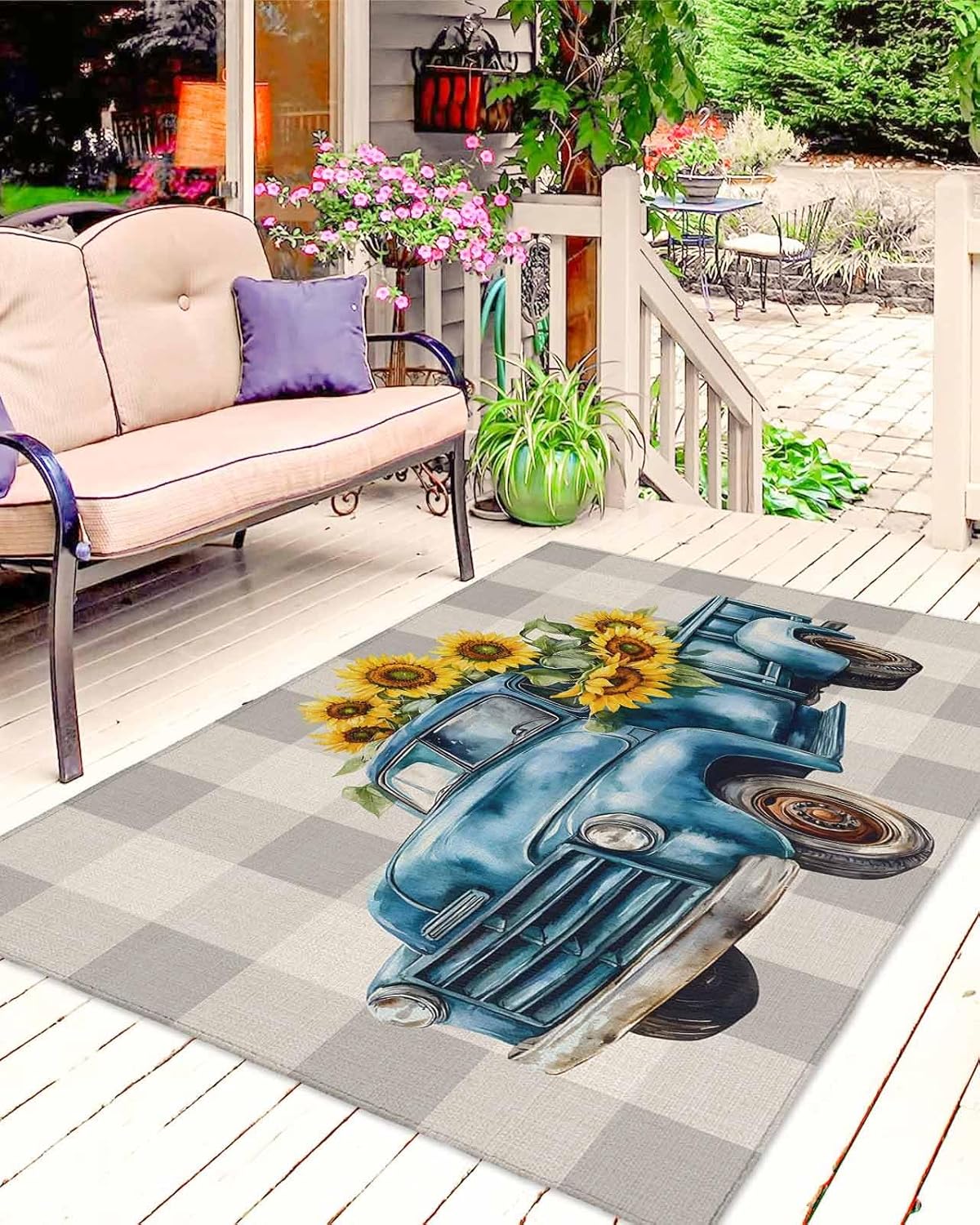Outdoor Rug 4x6 ft Blue Truck Sunflower Outdoor Large Area Rug Non Slip Rubber Grey Check Washable Front Door Mat RV Rug Camping Carpet Patio Outdoor Rugs for Backyard Balcony Deck Porch Indoor
