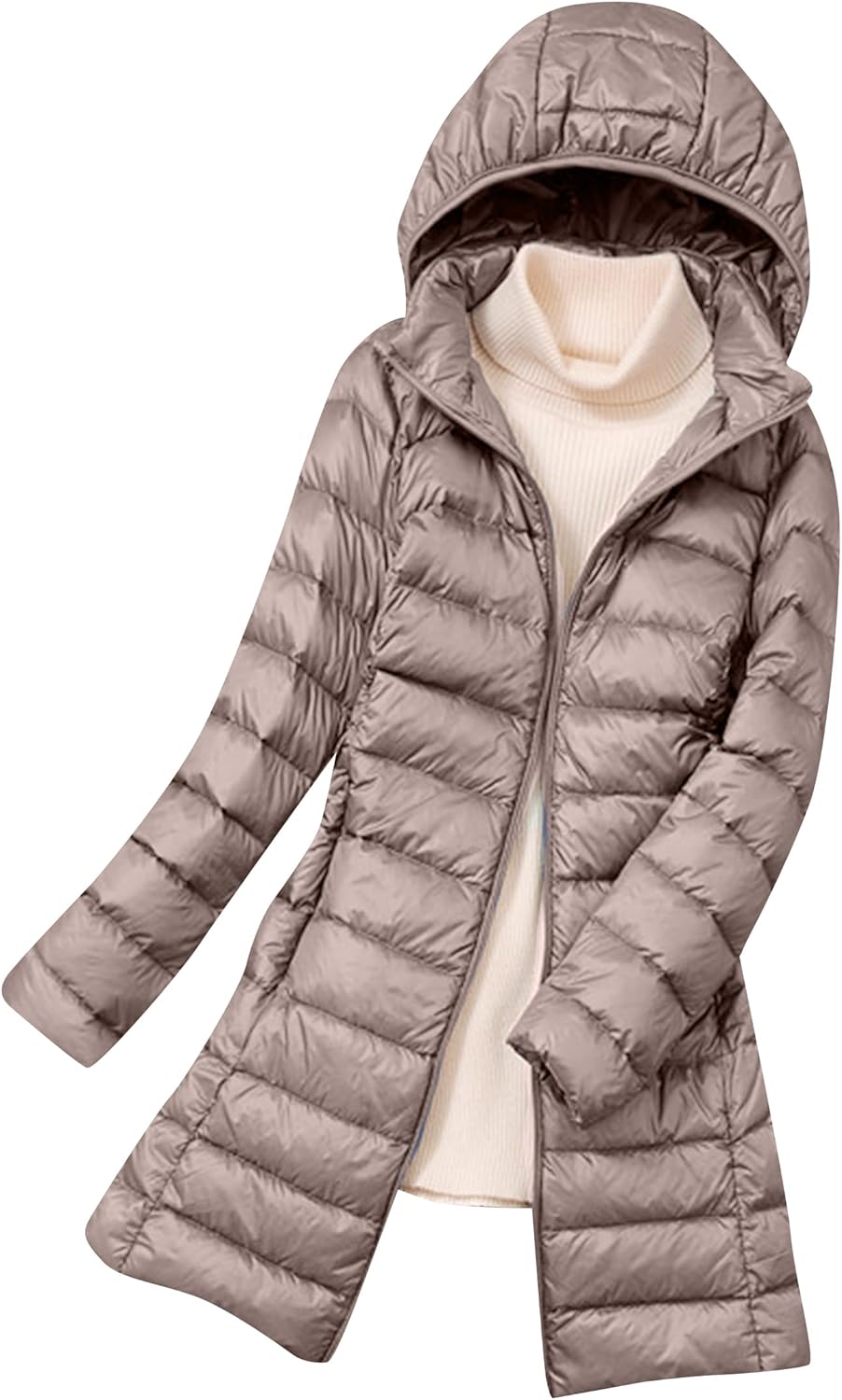 WIWIQS Women's Winter Warm Long Ultra Light Down Jacket Solid Color Packable Detachable Hooded Down Coat