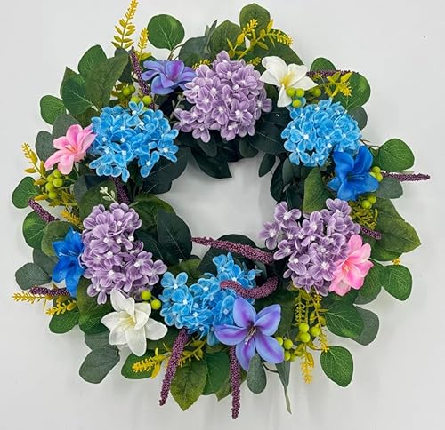18 inch front door flower wreath, blue purple embroidered ball